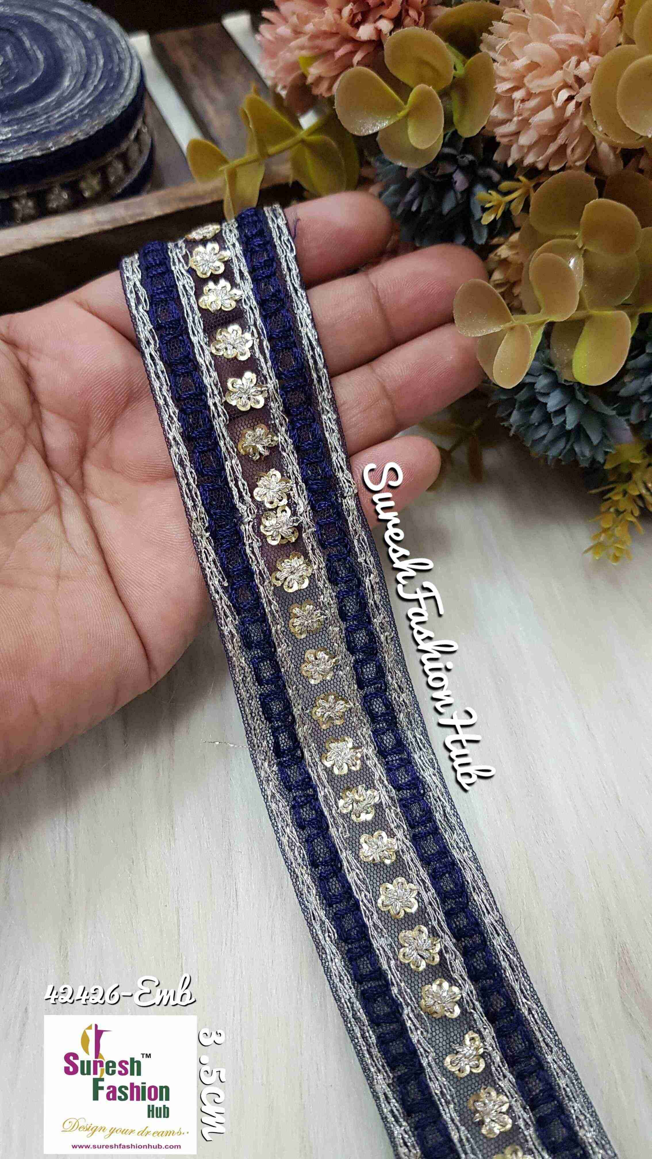 Navy Blue Regal Net Sequin Embellishment Trim
