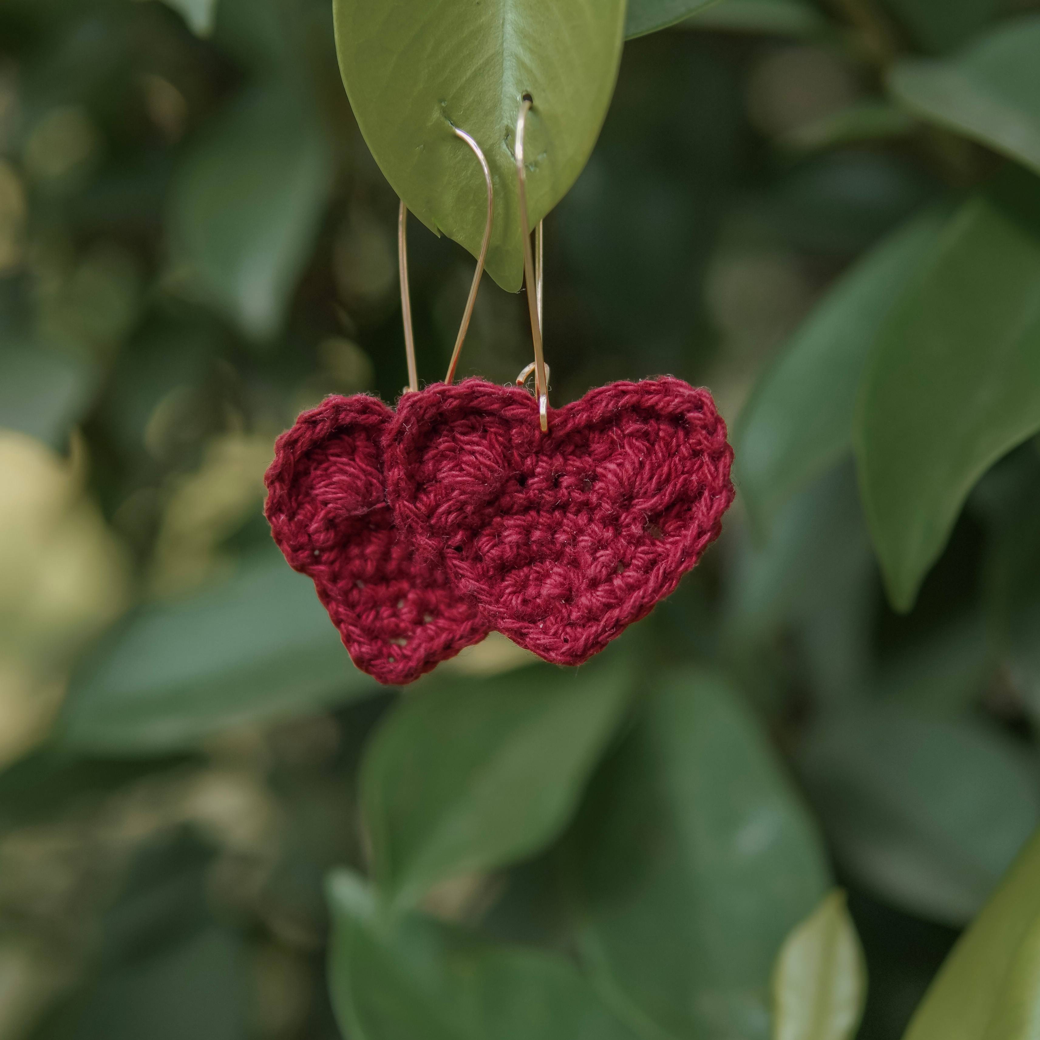  Classy maroon crochet heart earrings. Handmade and perfect for adding a touch of elegance