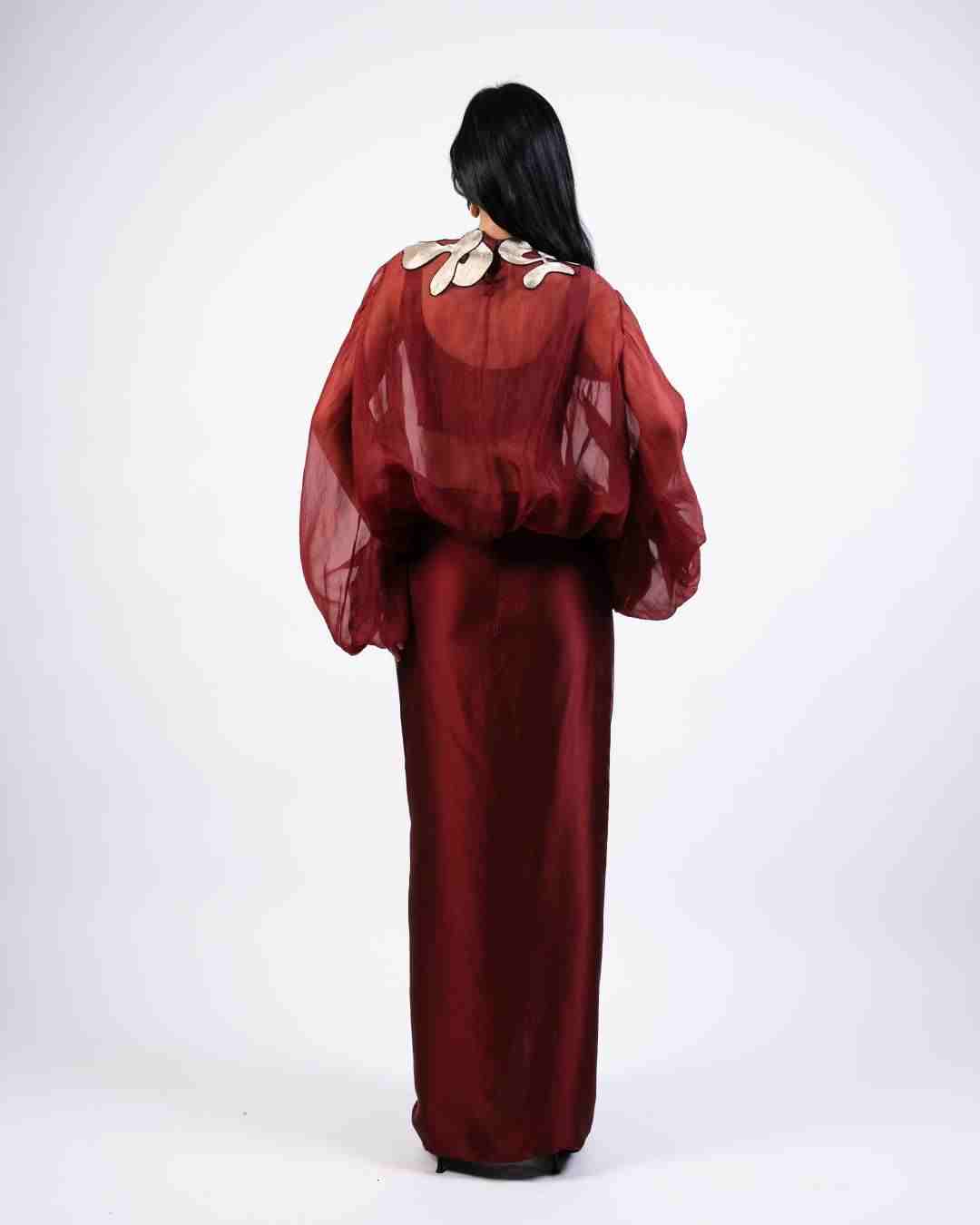 AKOK Brown Silk Organza Baloon Top with skirt and Crop top Co-ords