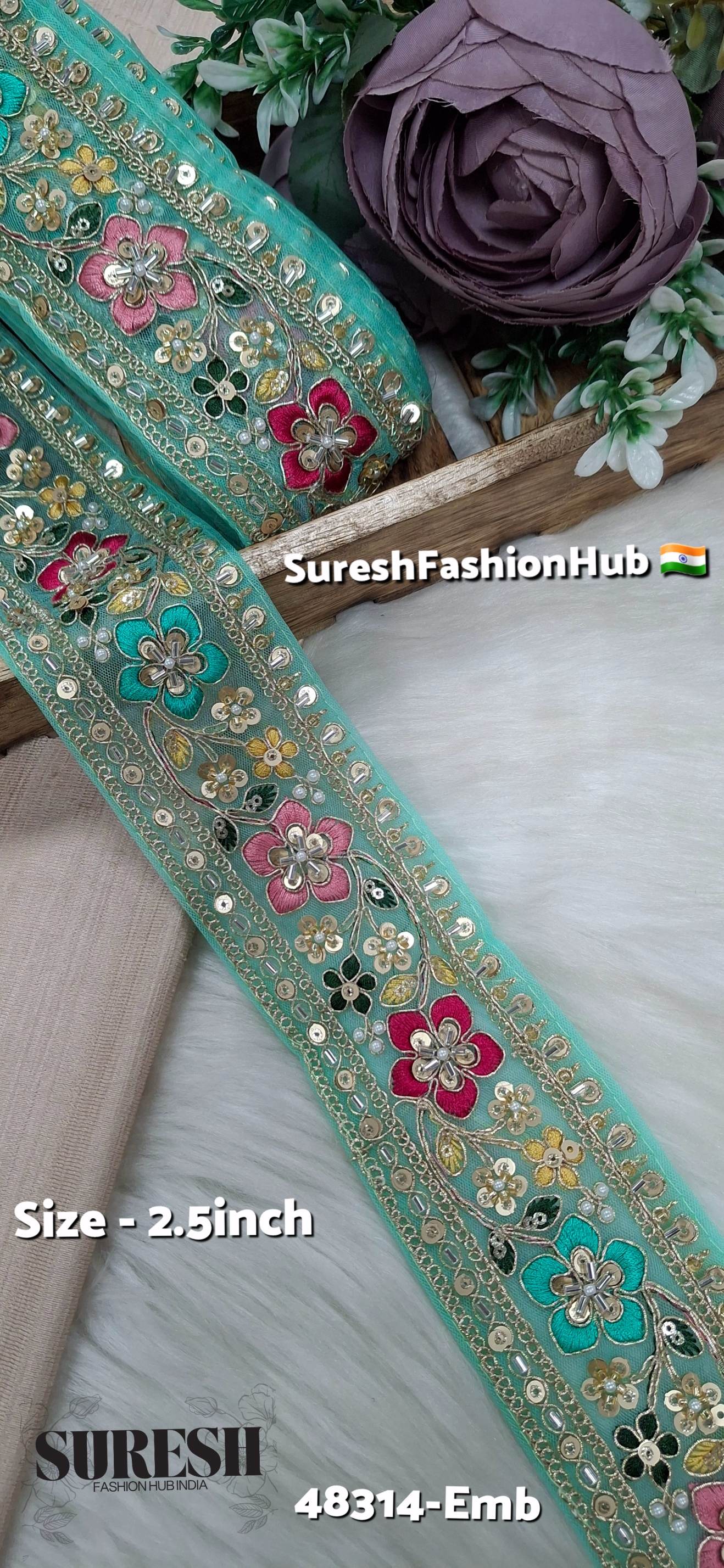 Sea Green Multicolor Kaddana Floral Embroidery Lace