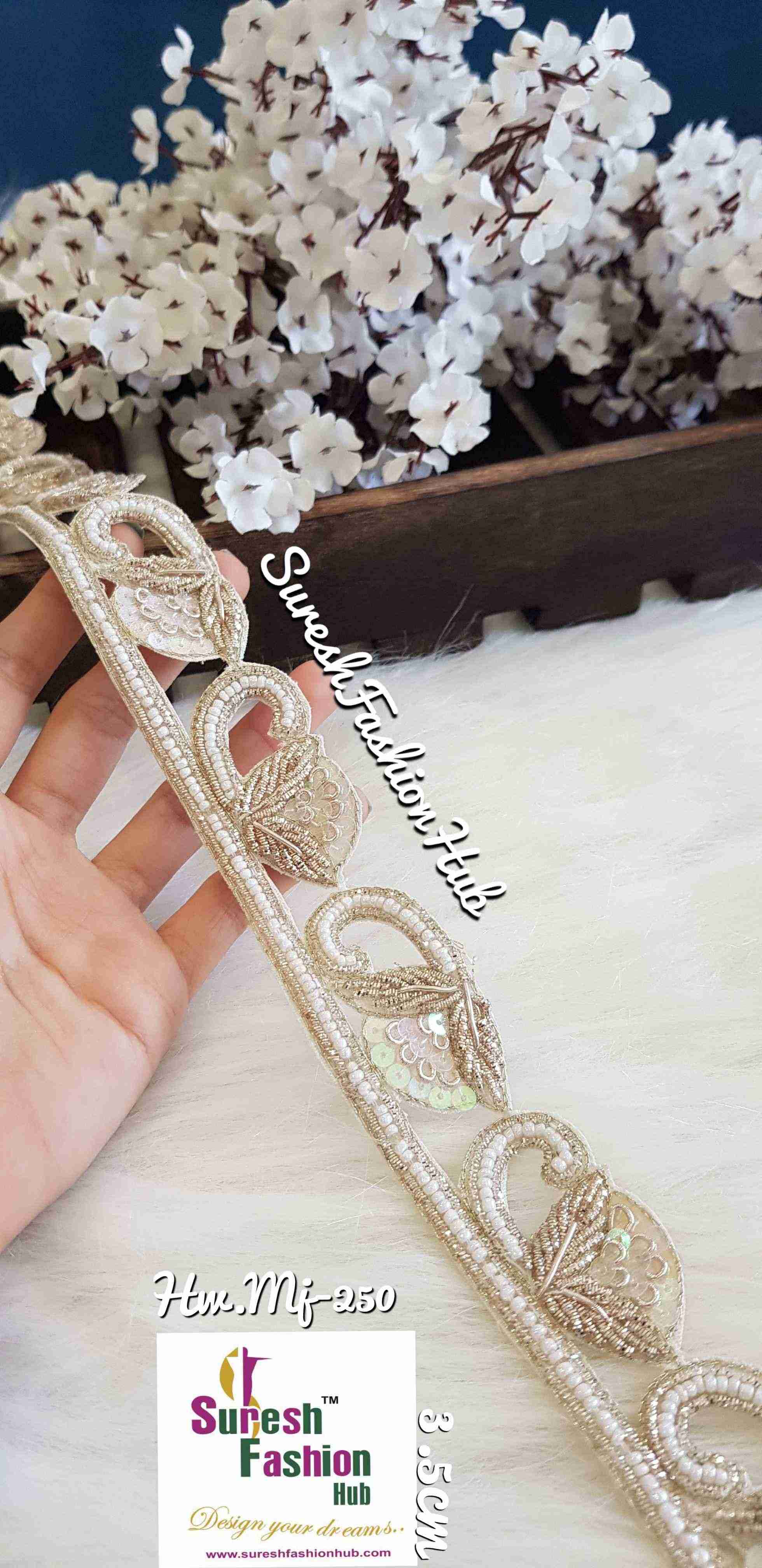 Handmade decorative White Sequence and Golden Zardosi Ribbon