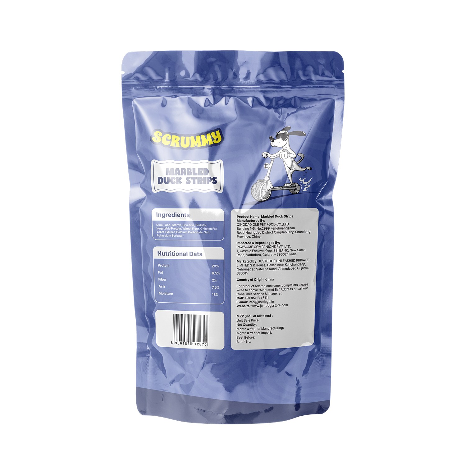 Scrummy Marbled Duck Strips Dog Treats 70g