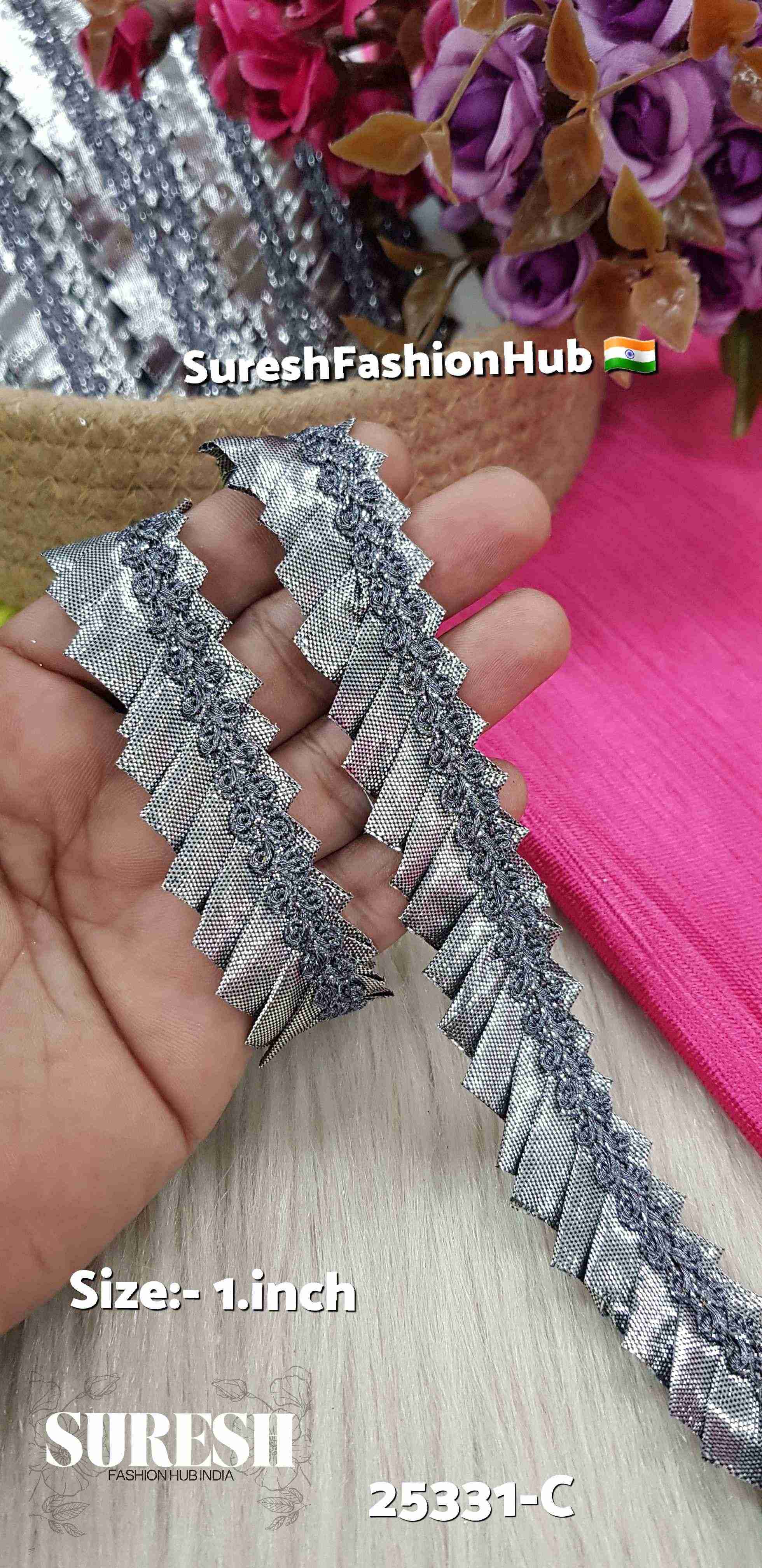 One Side Scallop Organza Jhalar Greyish Silver Lace | 25331-C