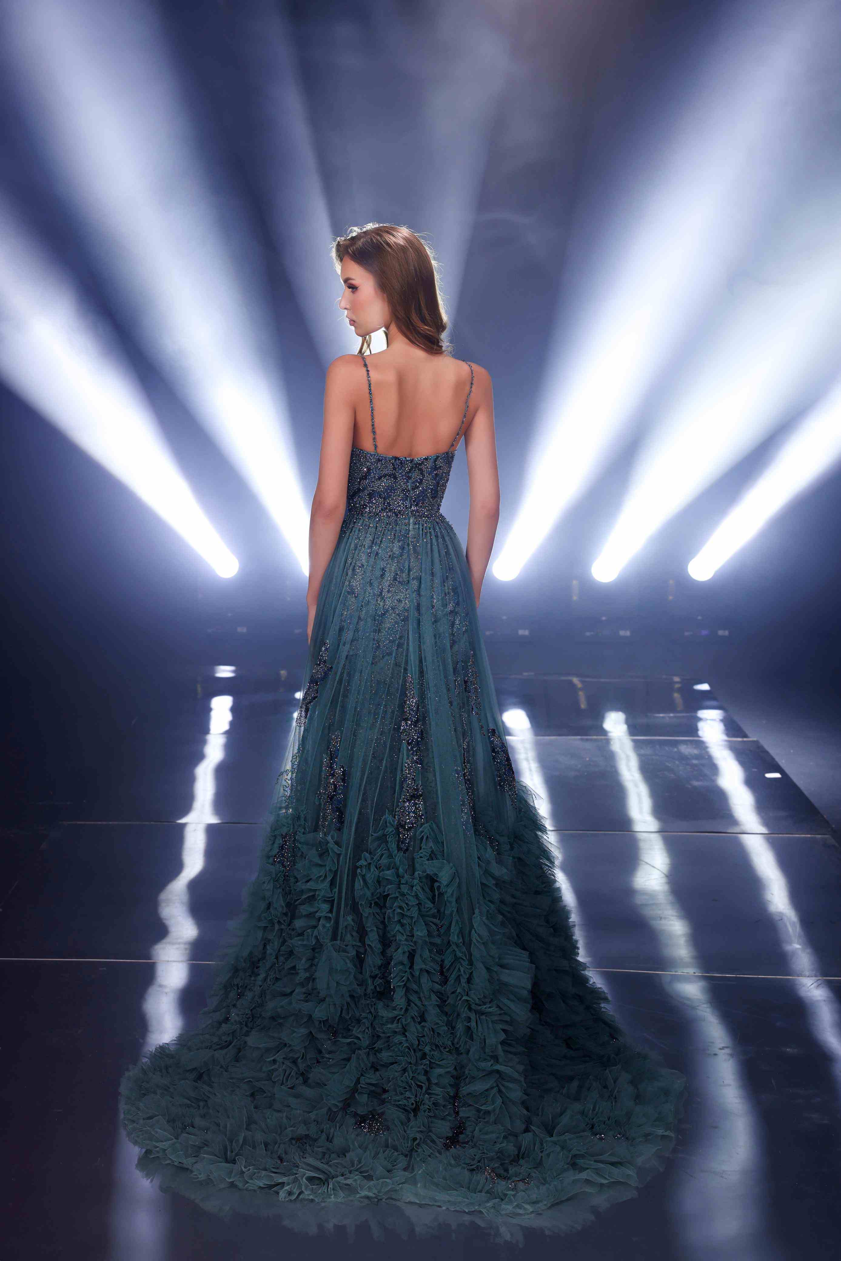 Blue & Green shaded gown with overskirt
