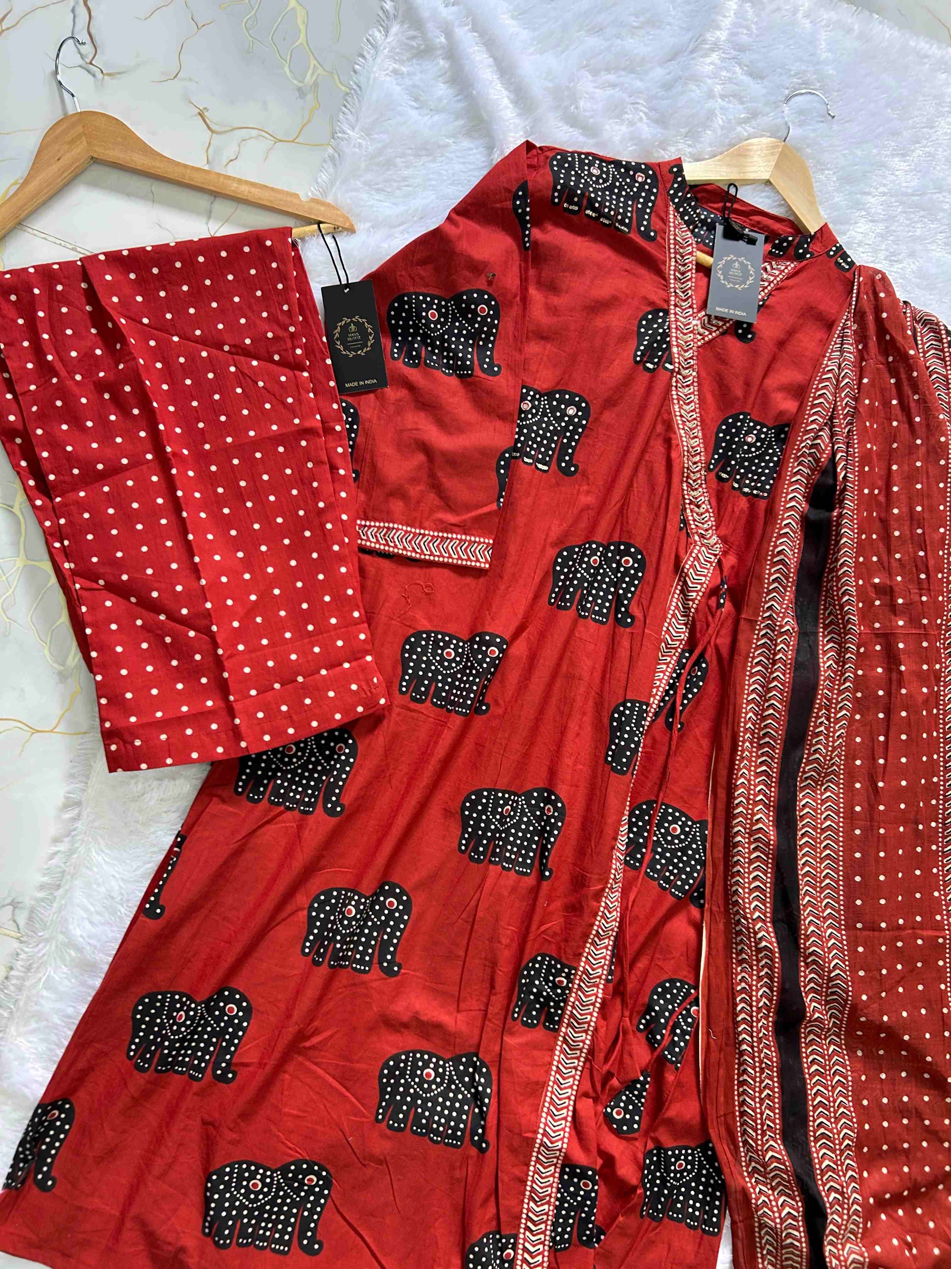 Rust cotton ethnic wear Anarkali sets with traditional print with printed dupatta