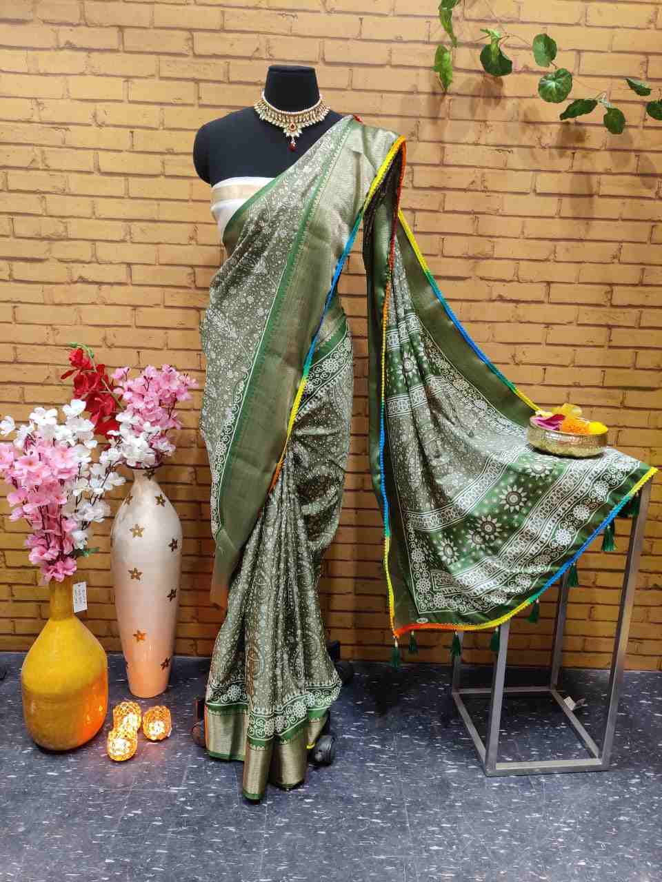 Printed Silk Sari With Lace and Tassels