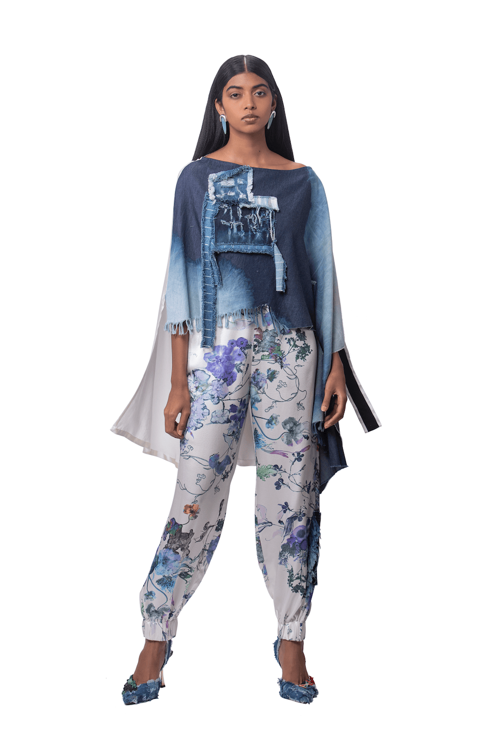 DENIM OVERSIZED CAPE WITH SILK JOGGERS