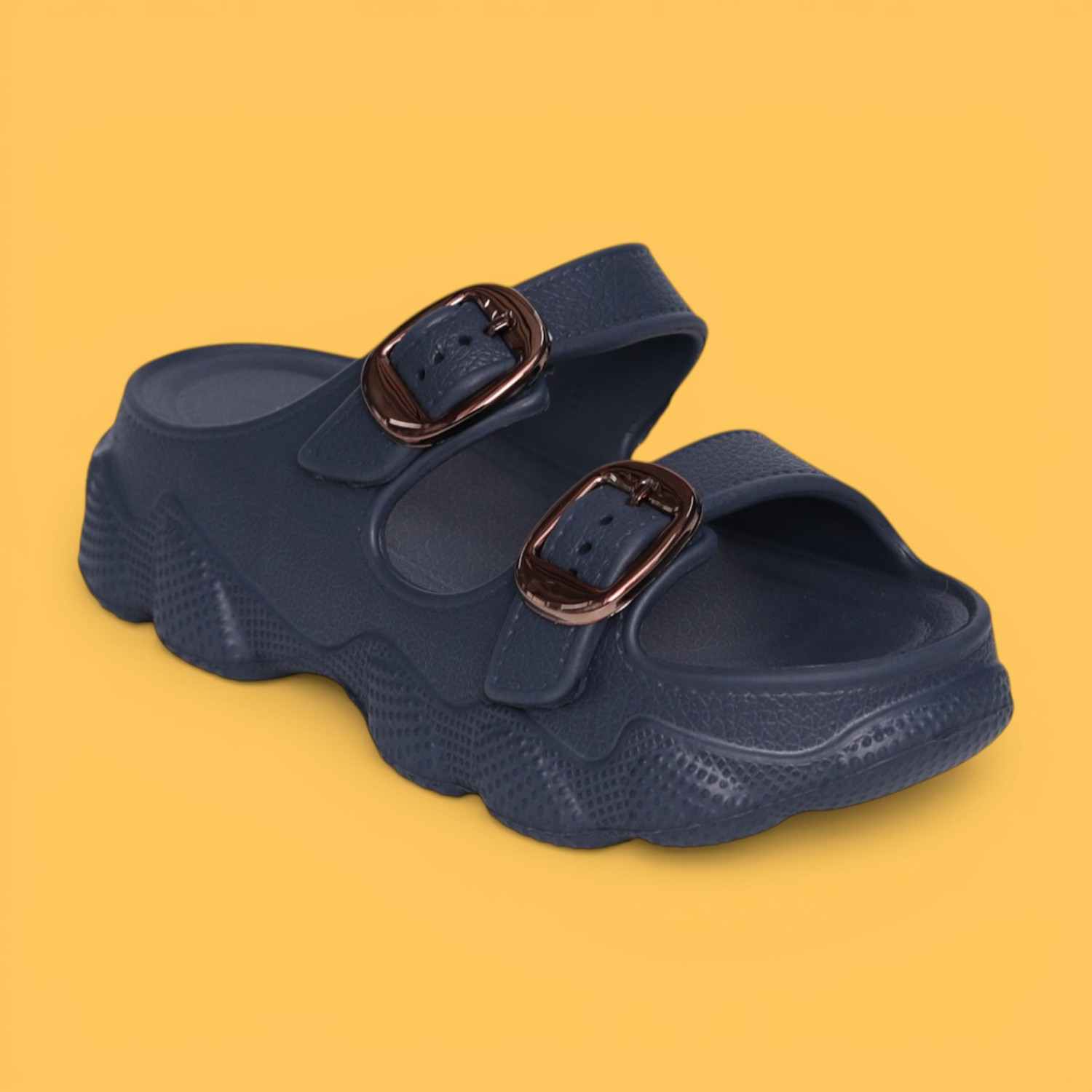 Womens Navy Double Buckle Comfort Slides
