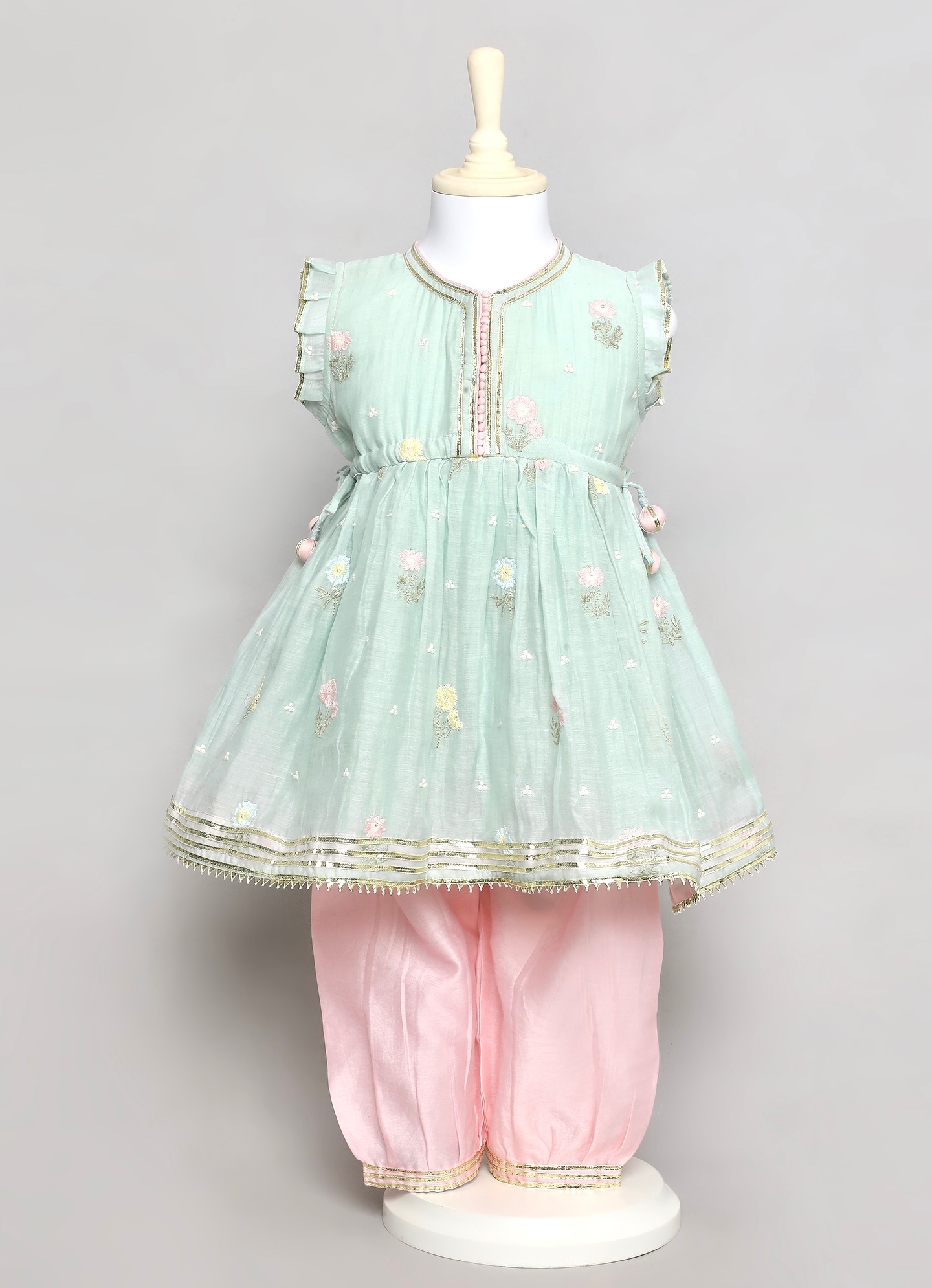 Green Chanderi Anarkali with Thread Work and Pink Finishing and Pink Salwaar