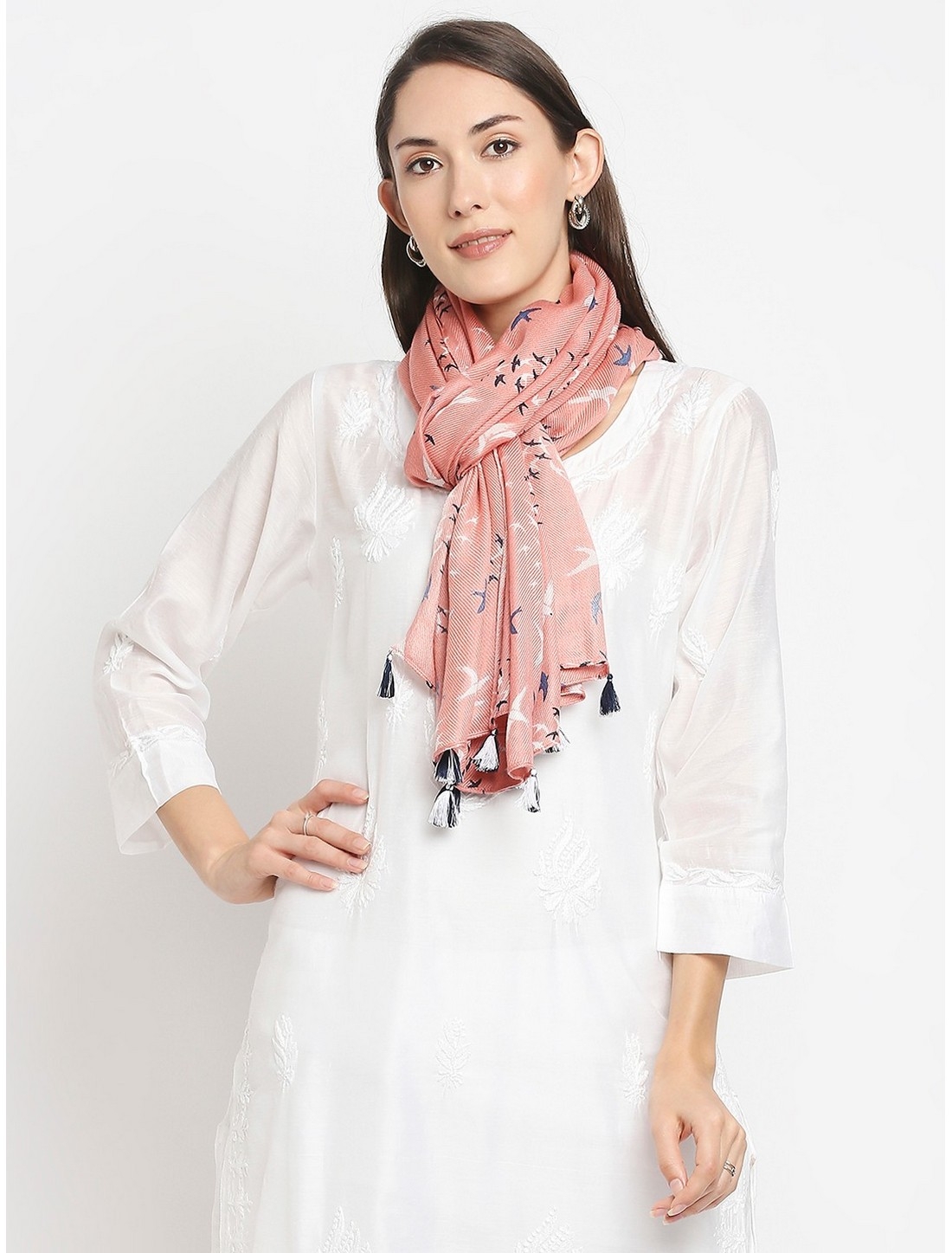 Get Wrapped | Get Wrapped Peach  Printed Scarves with Tassels for Women 1