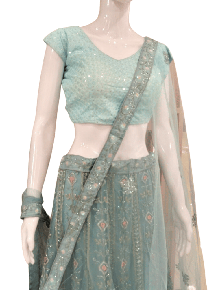 Surshyam Fashion Women's Pastel Blue Peacock Embroidered Net Lehenga Set