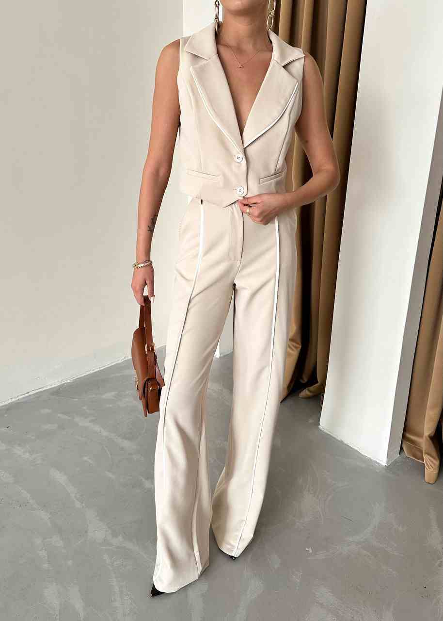 Beige waistcoat and pants co-ord set with piping