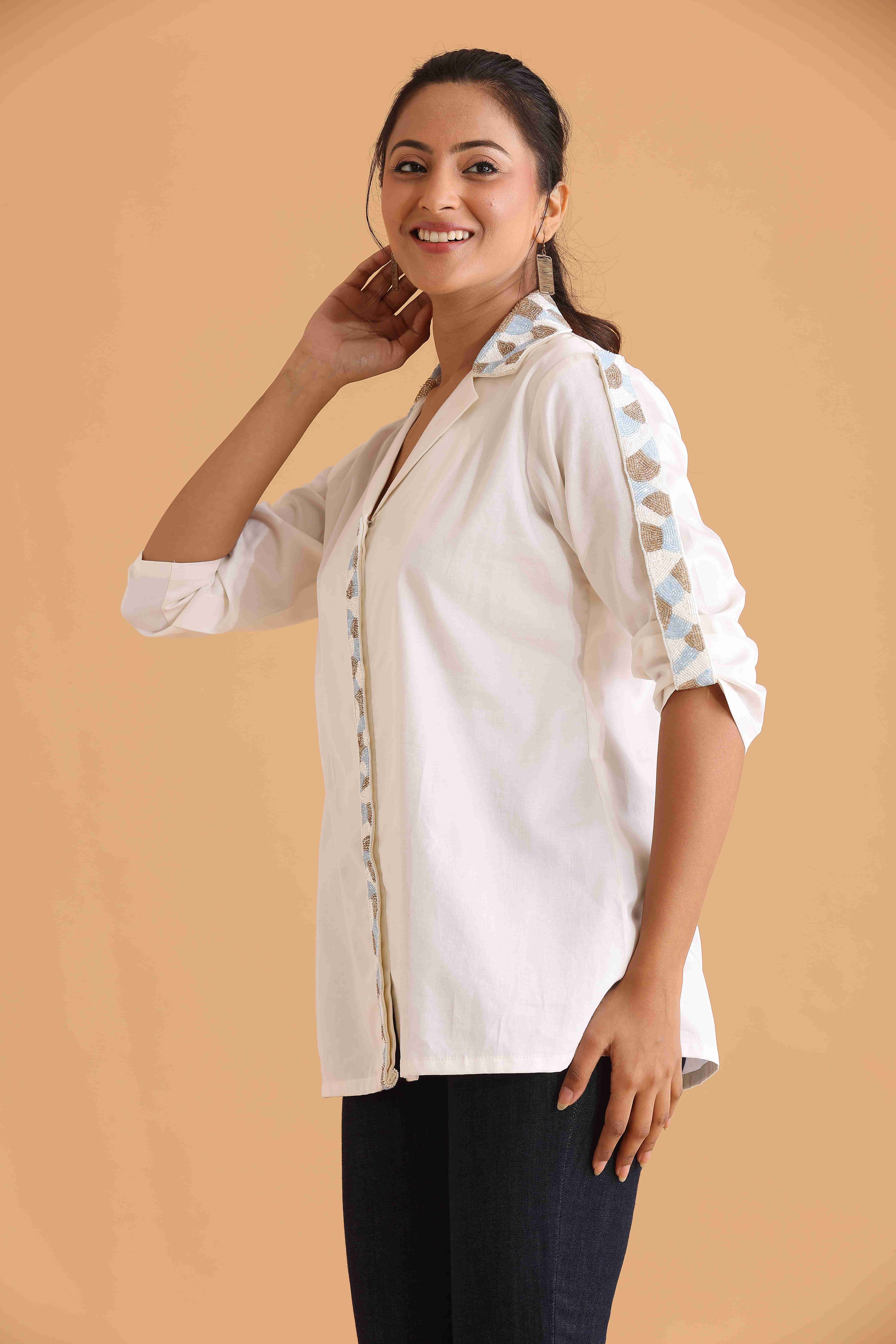 Ivory Embroidered Button-Down Shirt