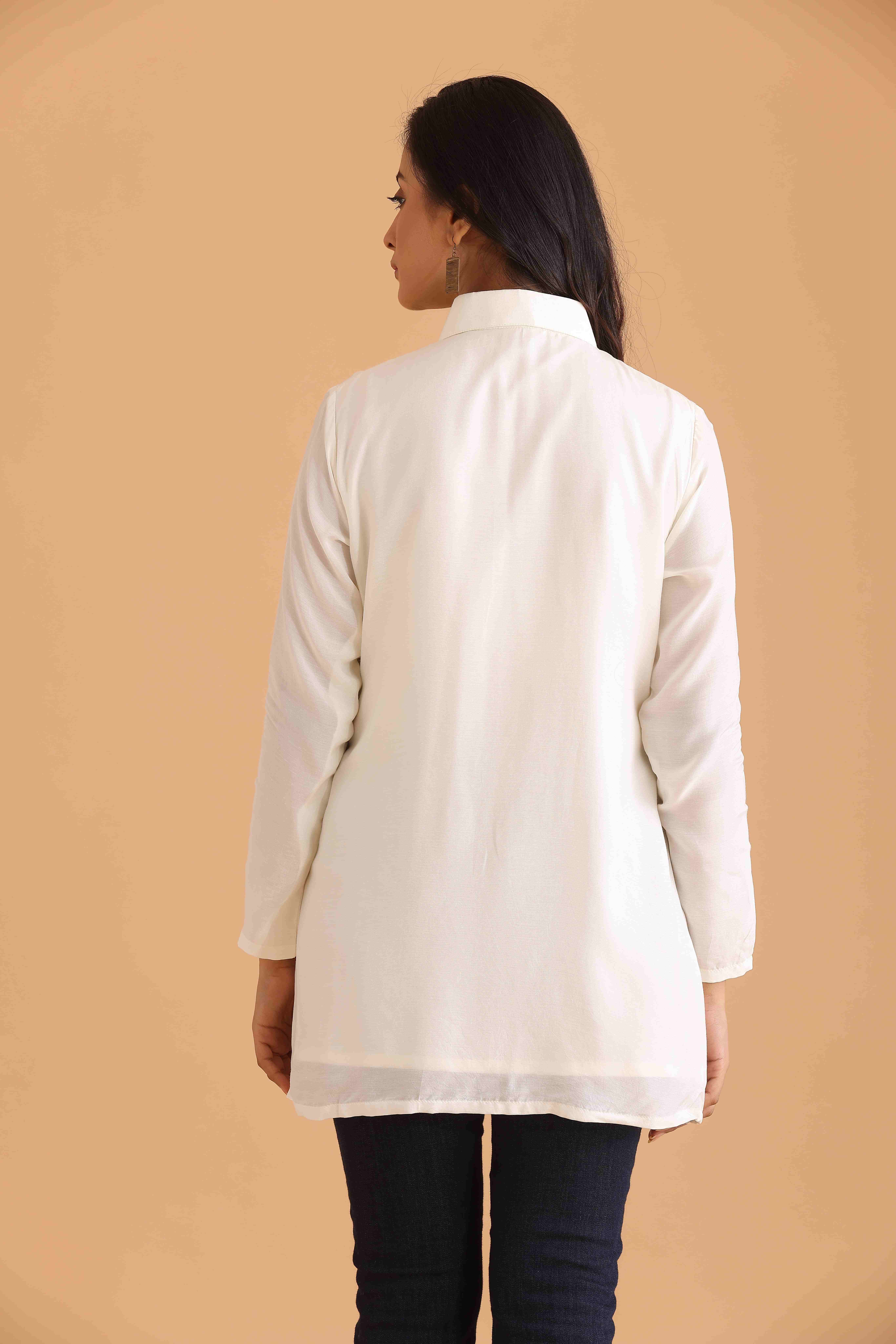 Ivory Floral Embroidered Tunic Shirt