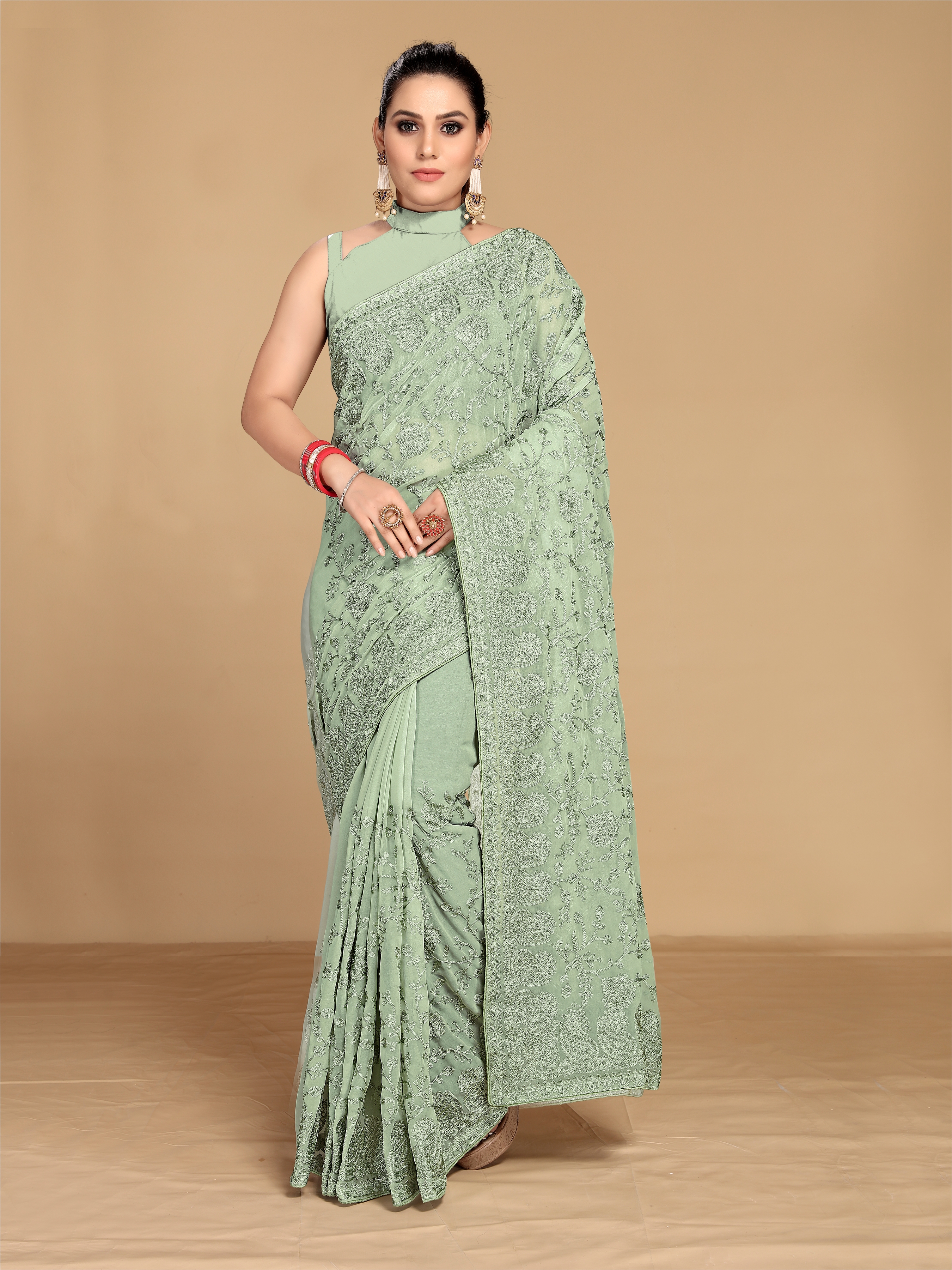 Embroidered Georgette Party Wear Saree in Green with Blouse