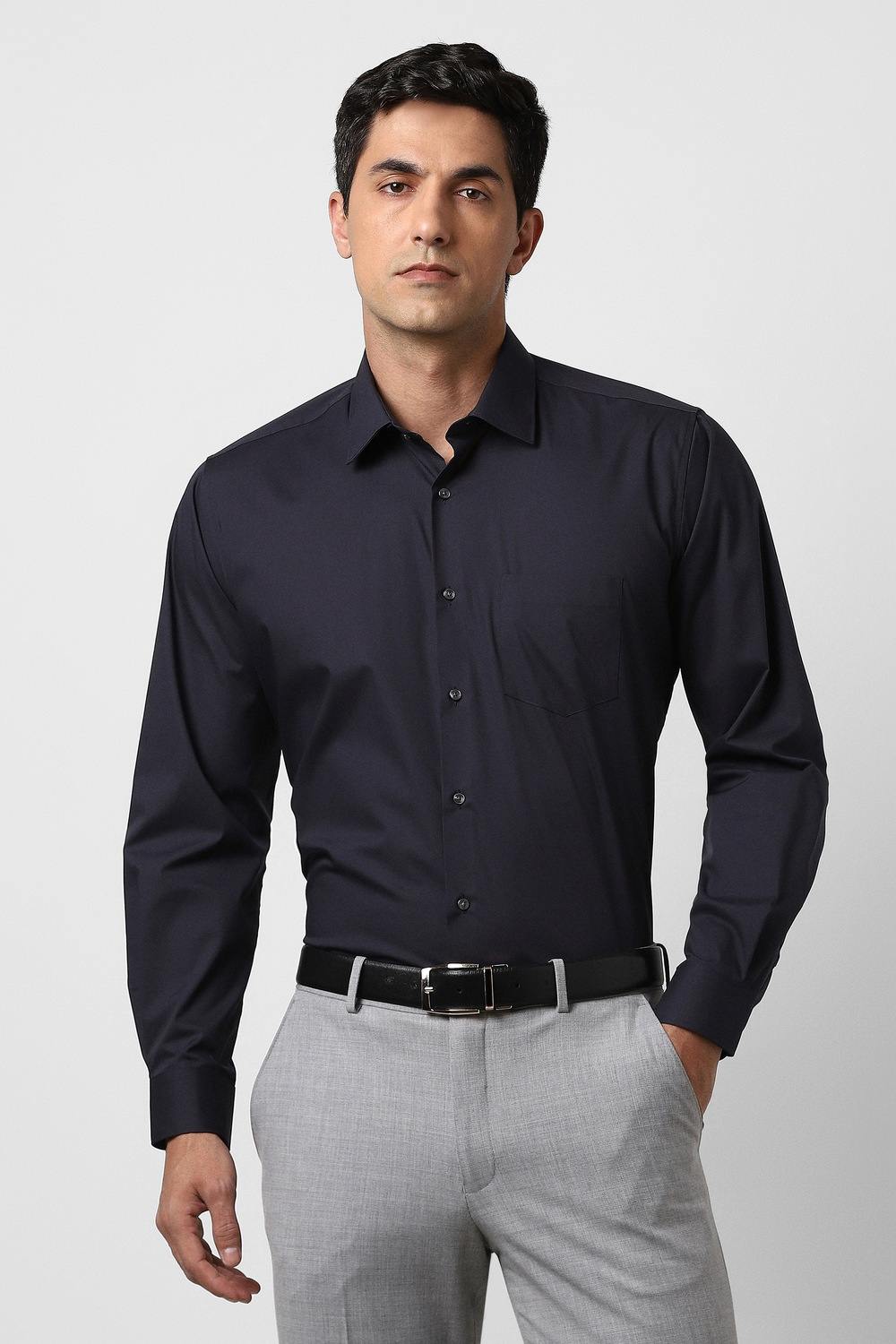Men Navy Solid Full Sleeves Formal Shirt