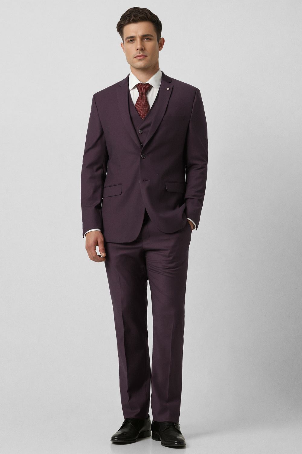 Men Purple Textured Slim Fit Wedding Three Piece Suit