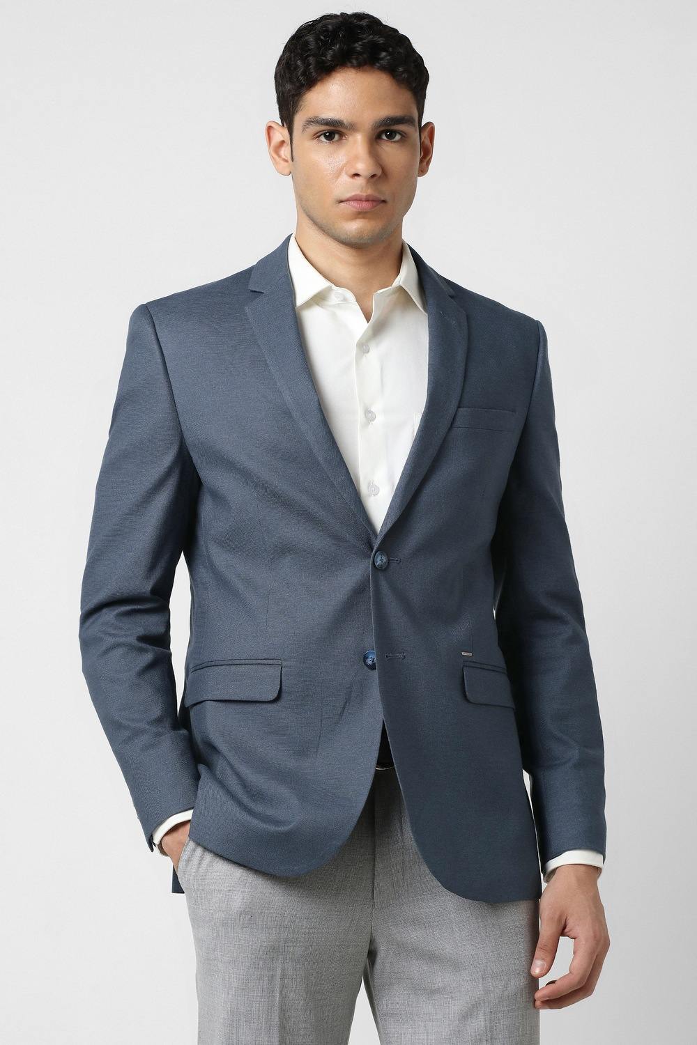 Men Blue Textured Casual Blazer
