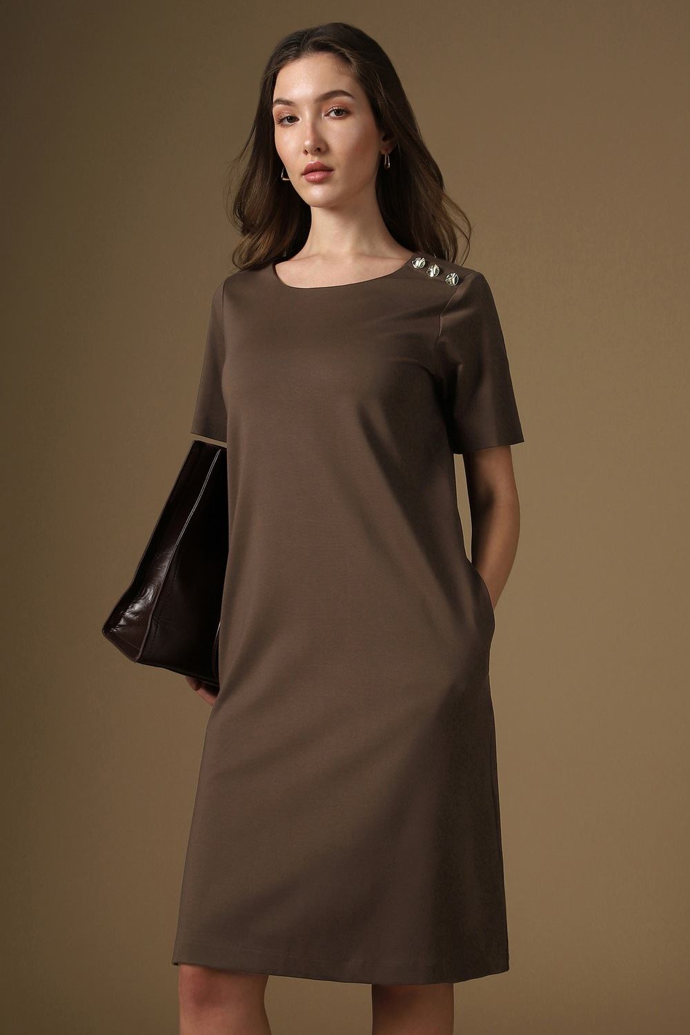 Women Brown Solid Knee Length Casual Dress