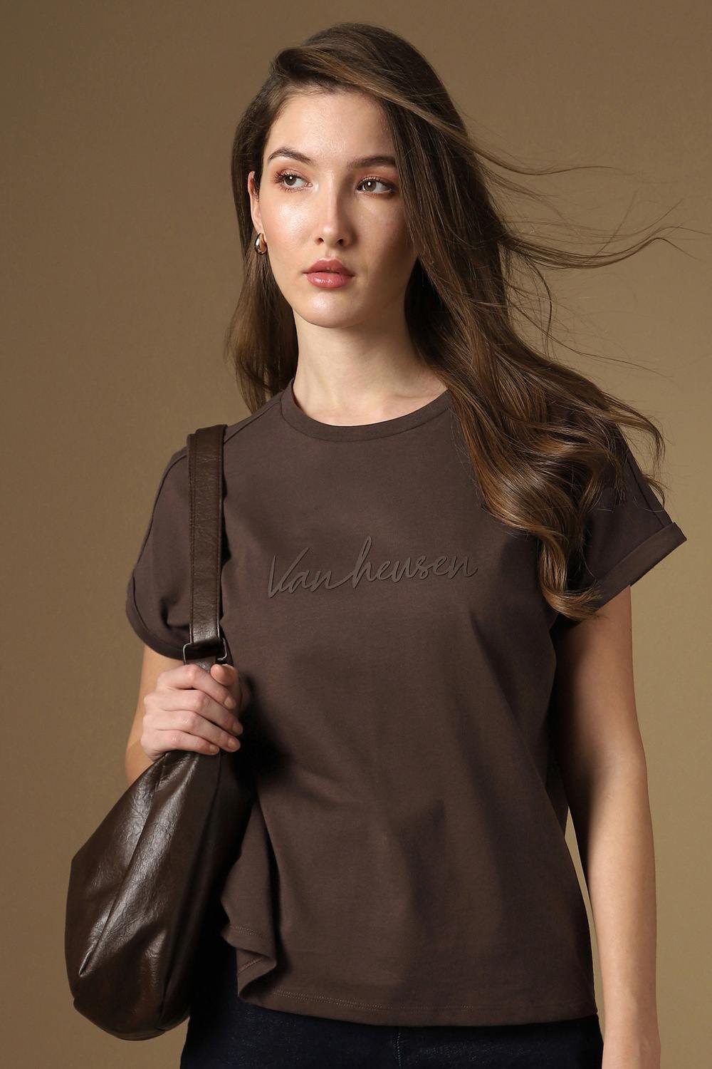 Women Brown Graphic Print Formal Round Neck Top