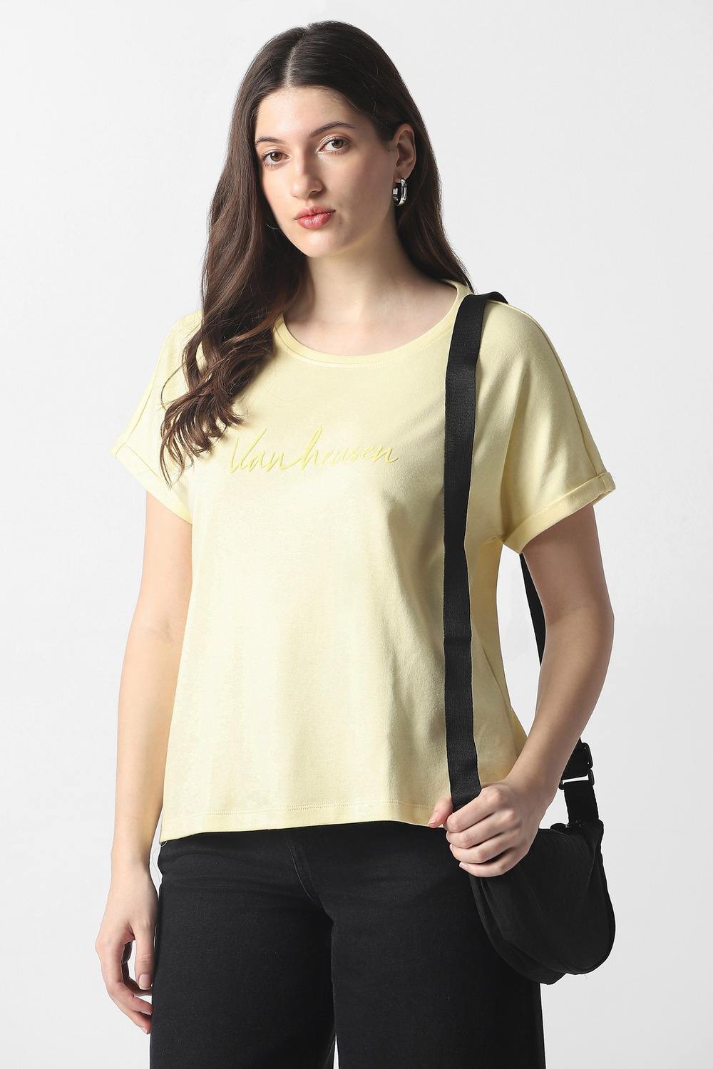 Women Yellow Graphic Print Casual Round Neck Top