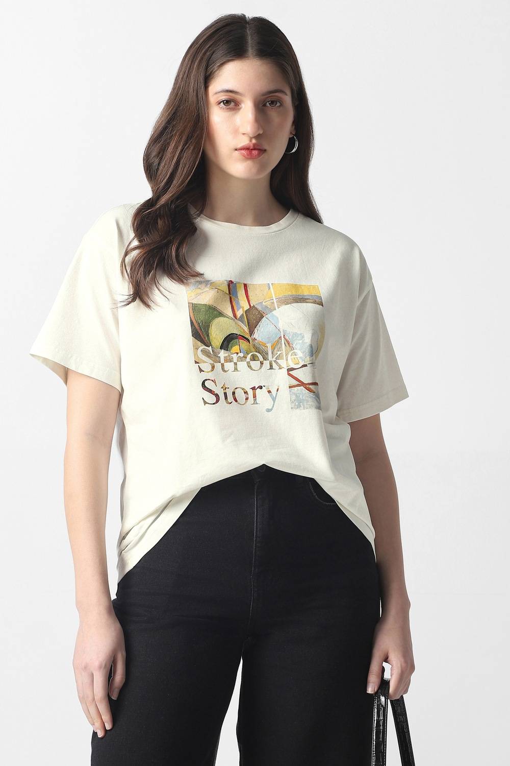 Women Cream Graphic Print Casual Round Neck Top