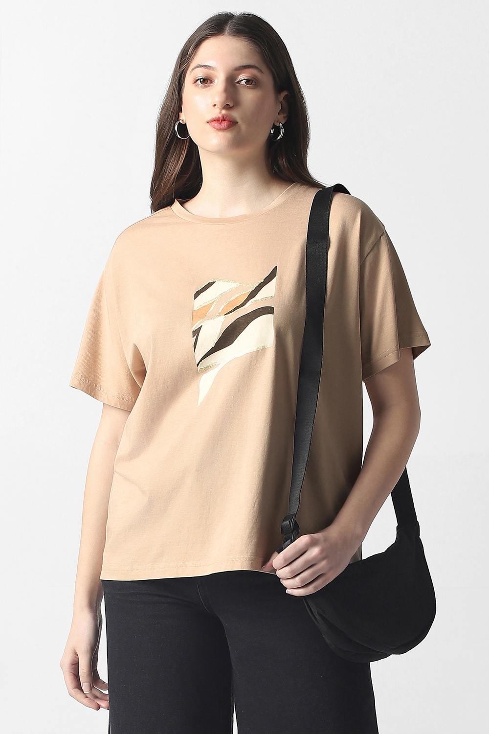 Women Beige Print Casual Round Neck Top