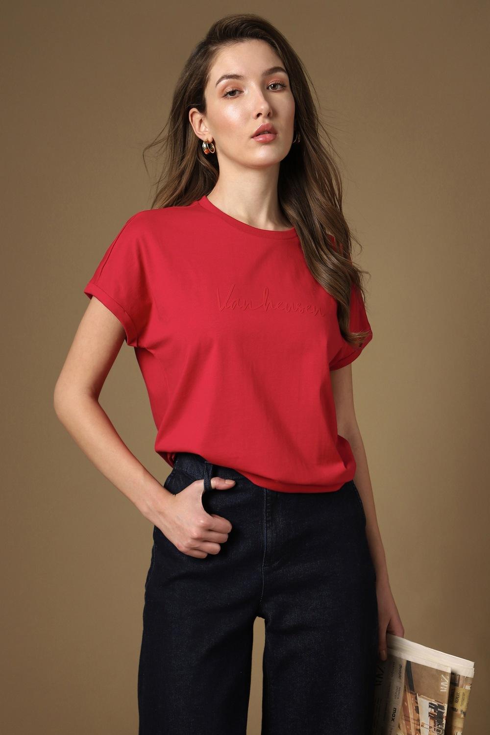 Women Red Graphic Print Casual Round Neck Top