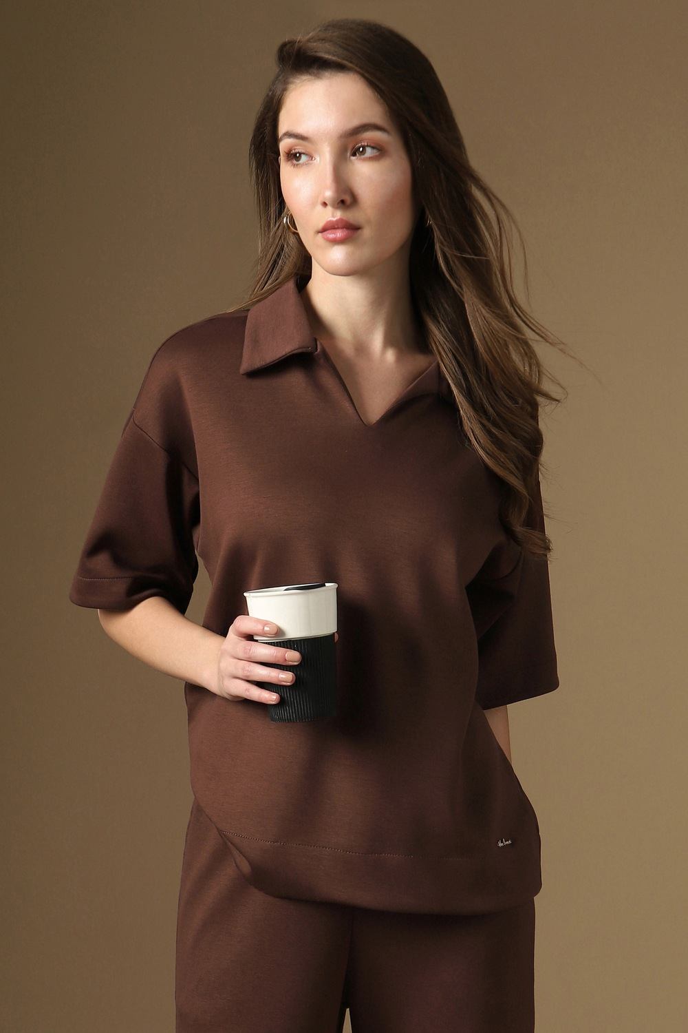 Women Brown Solid Casual Polo Neck Top