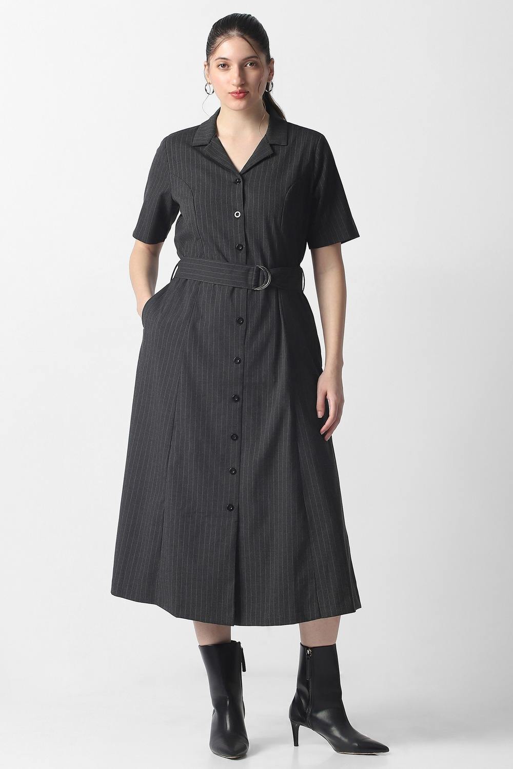 Women Black Stripe Calf-Length Formal Dress