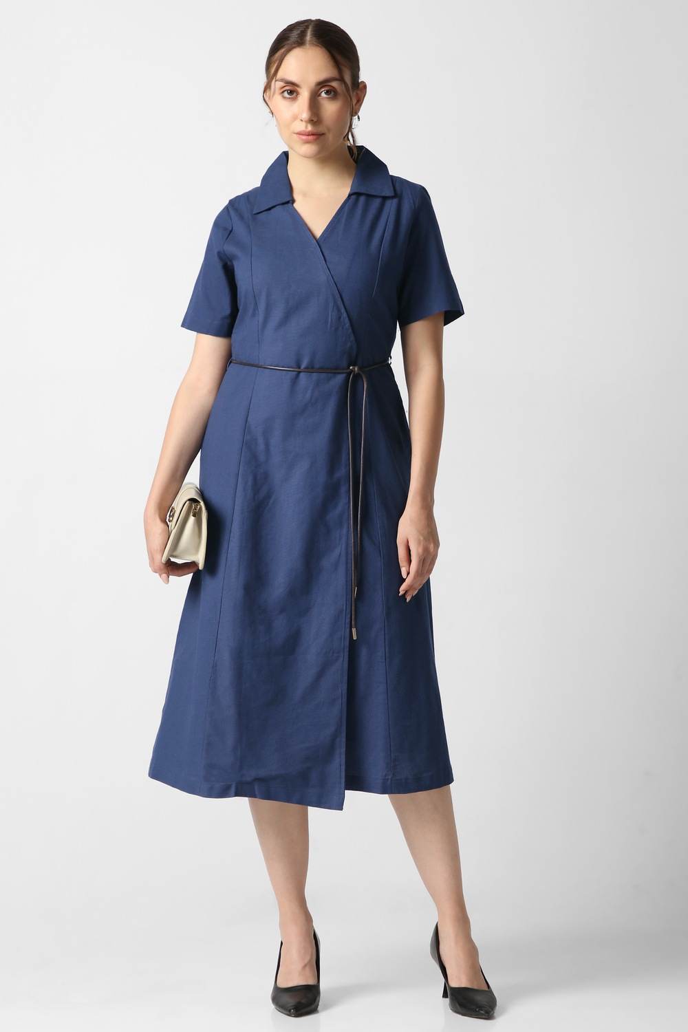 Women Navy Solid Calf-Length Formal Dress