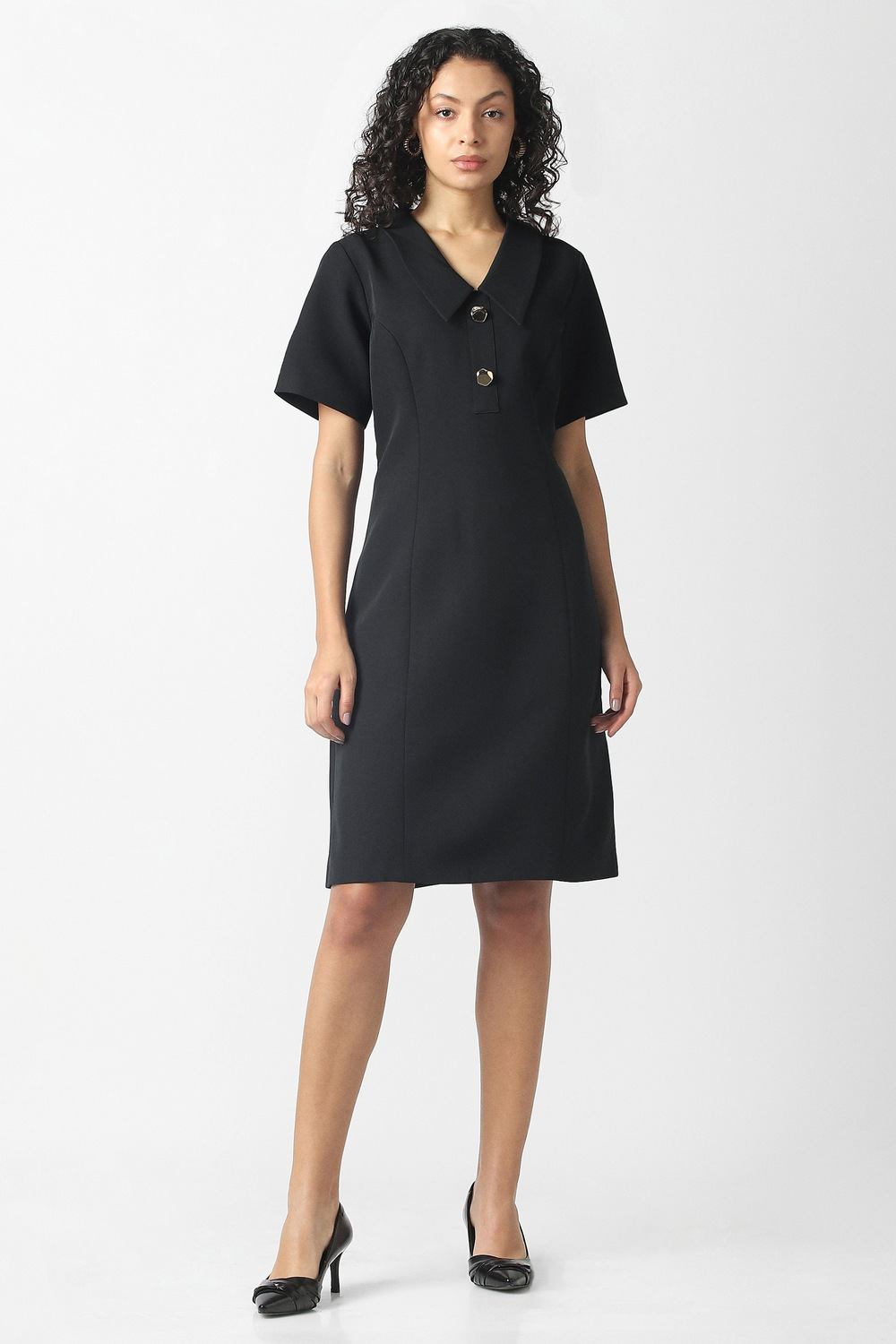 Women Black Solid Knee Length Formal Dress