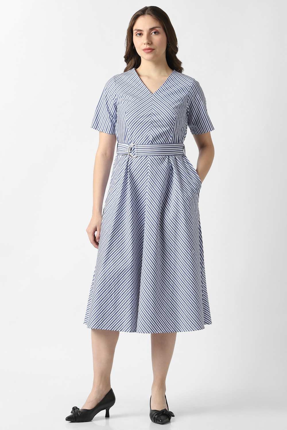 Women Blue Stripe Knee Length Formal Dress