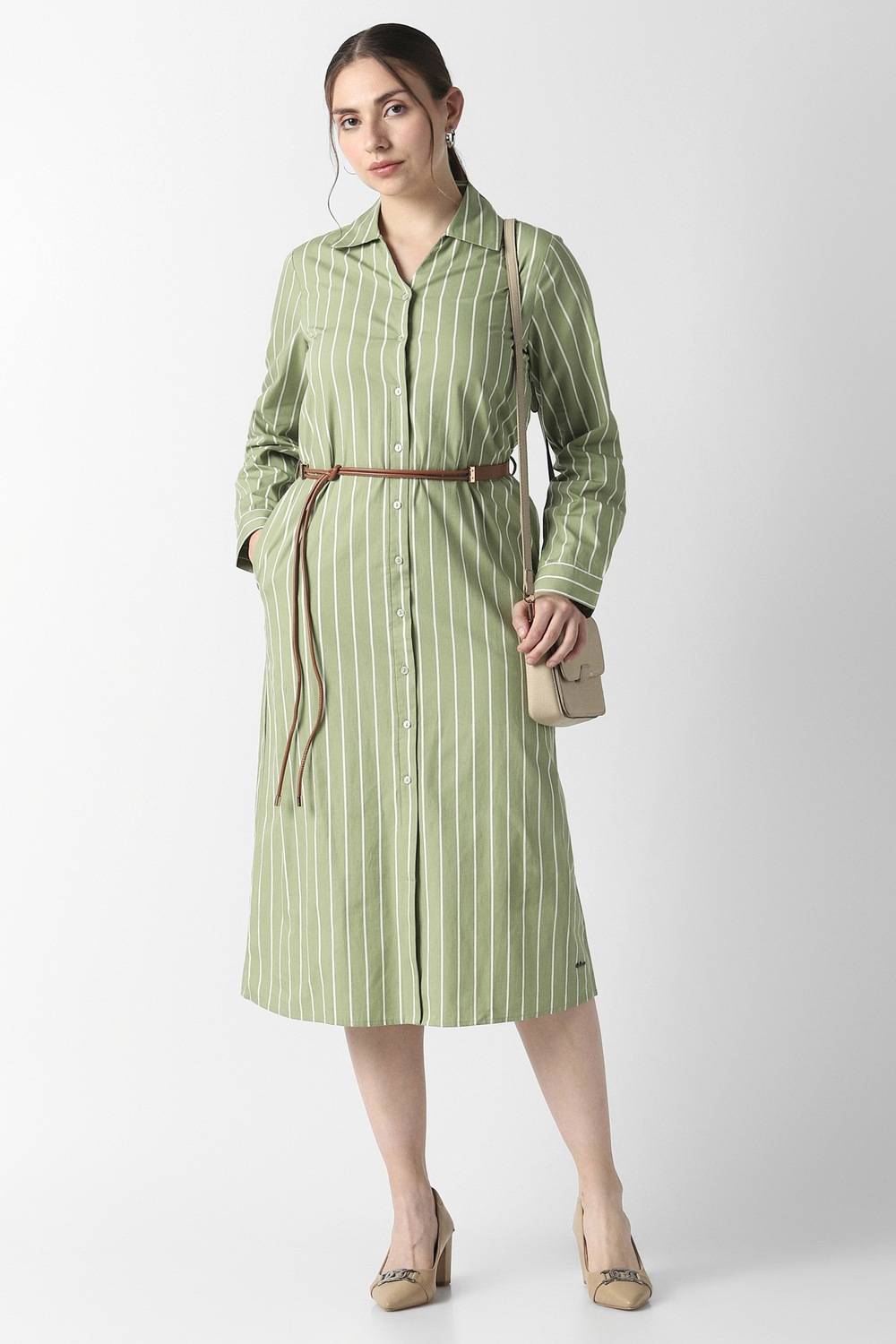 Women Olive Stripe Formal Dress