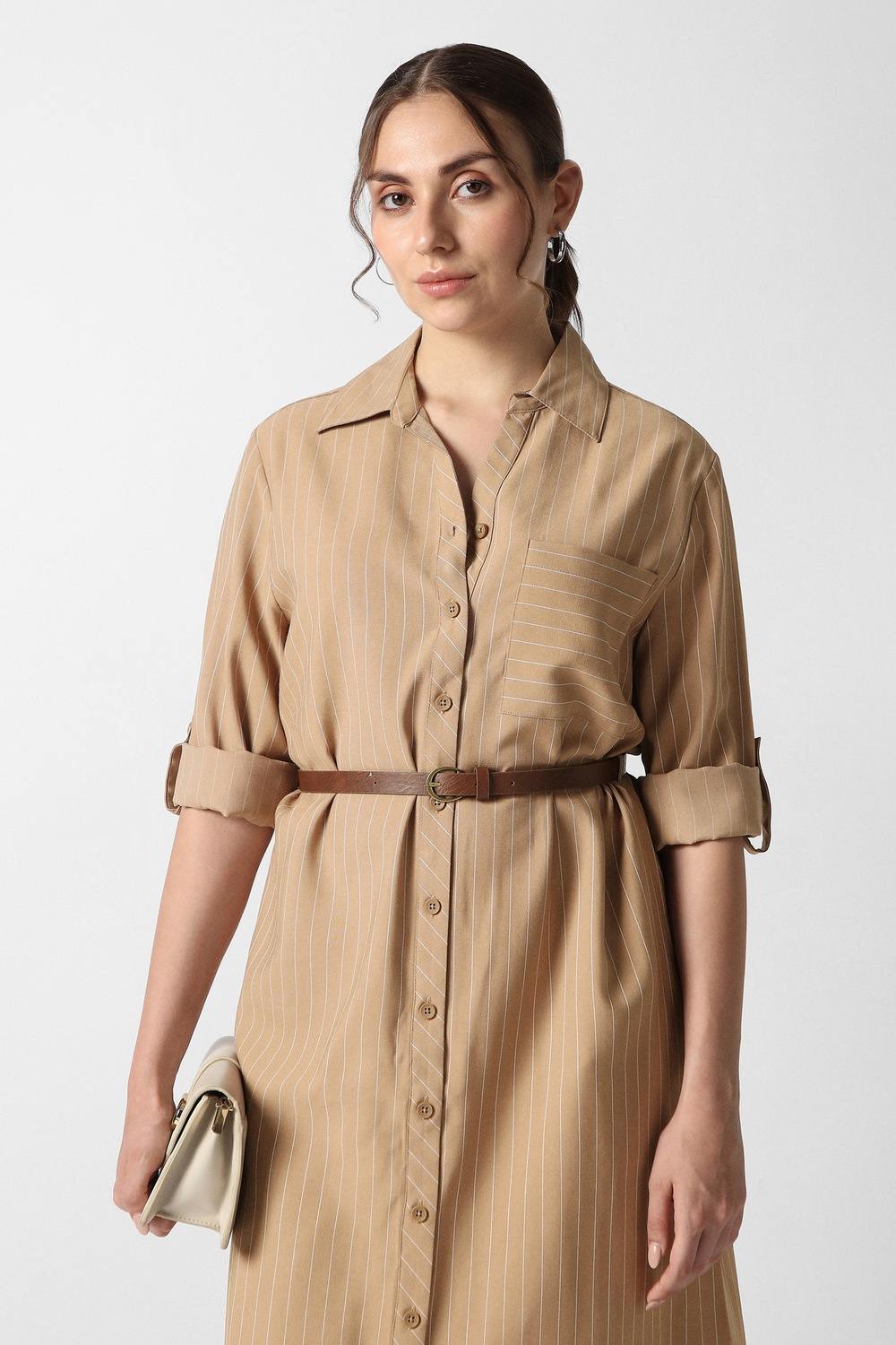 Women Beige Stripe Calf-Length Formal Dress