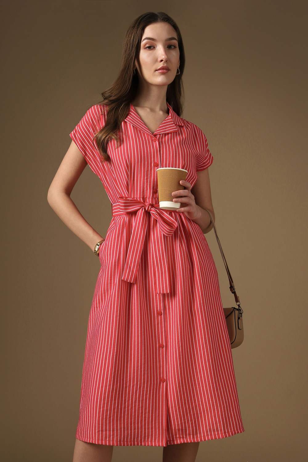 Women Red Stripe Knee Length Casual Dress