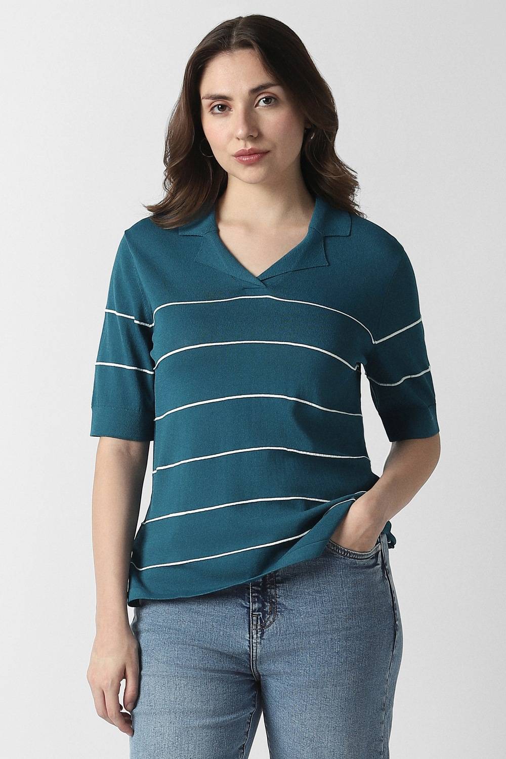 Women Blue Stripe Formal Polo Neck Top