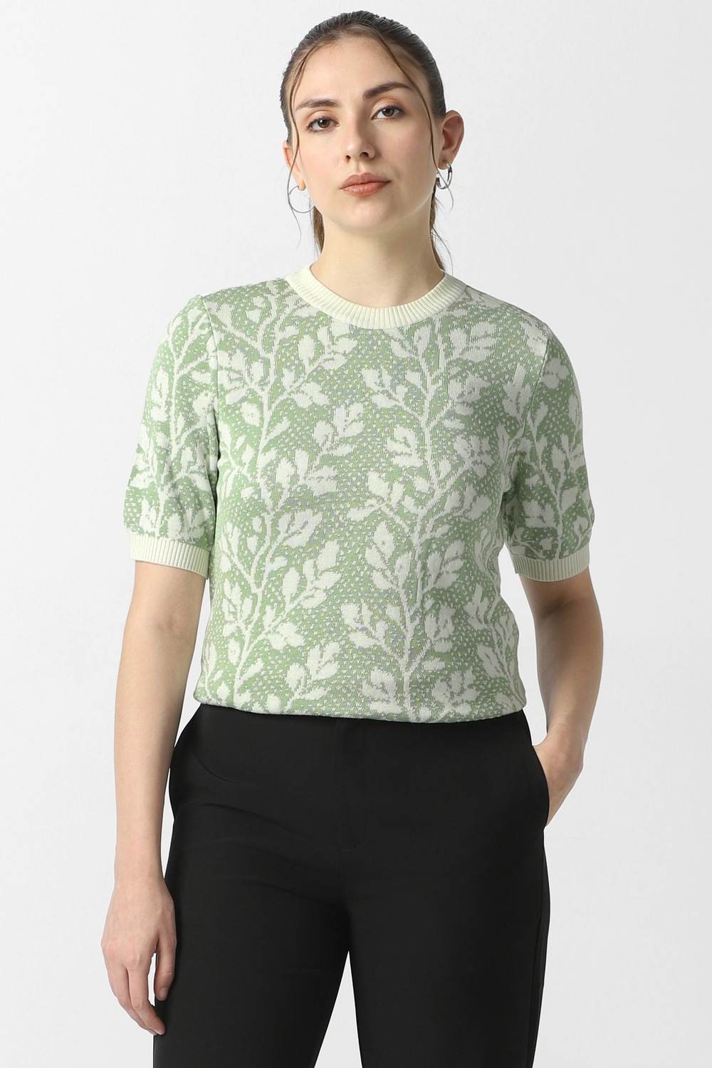 Women Green Print Formal Round Neck Top