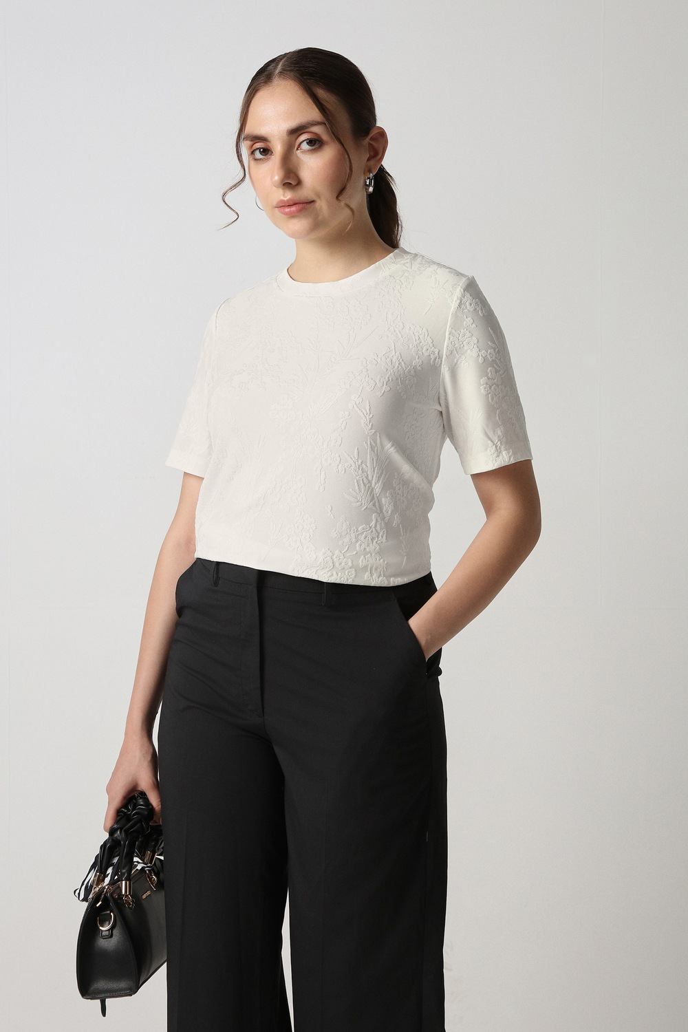 Women Cream Textured Formal Round Neck Top