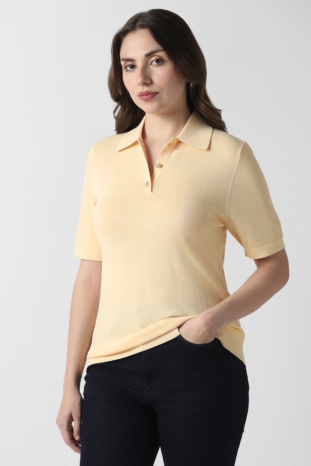 Women Yellow Solid Formal Polo Neck Top