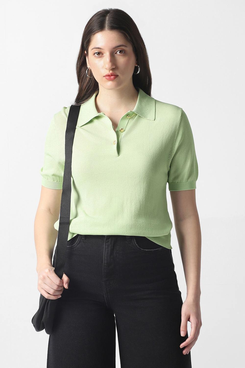 Women Green Solid Formal Polo Neck Top