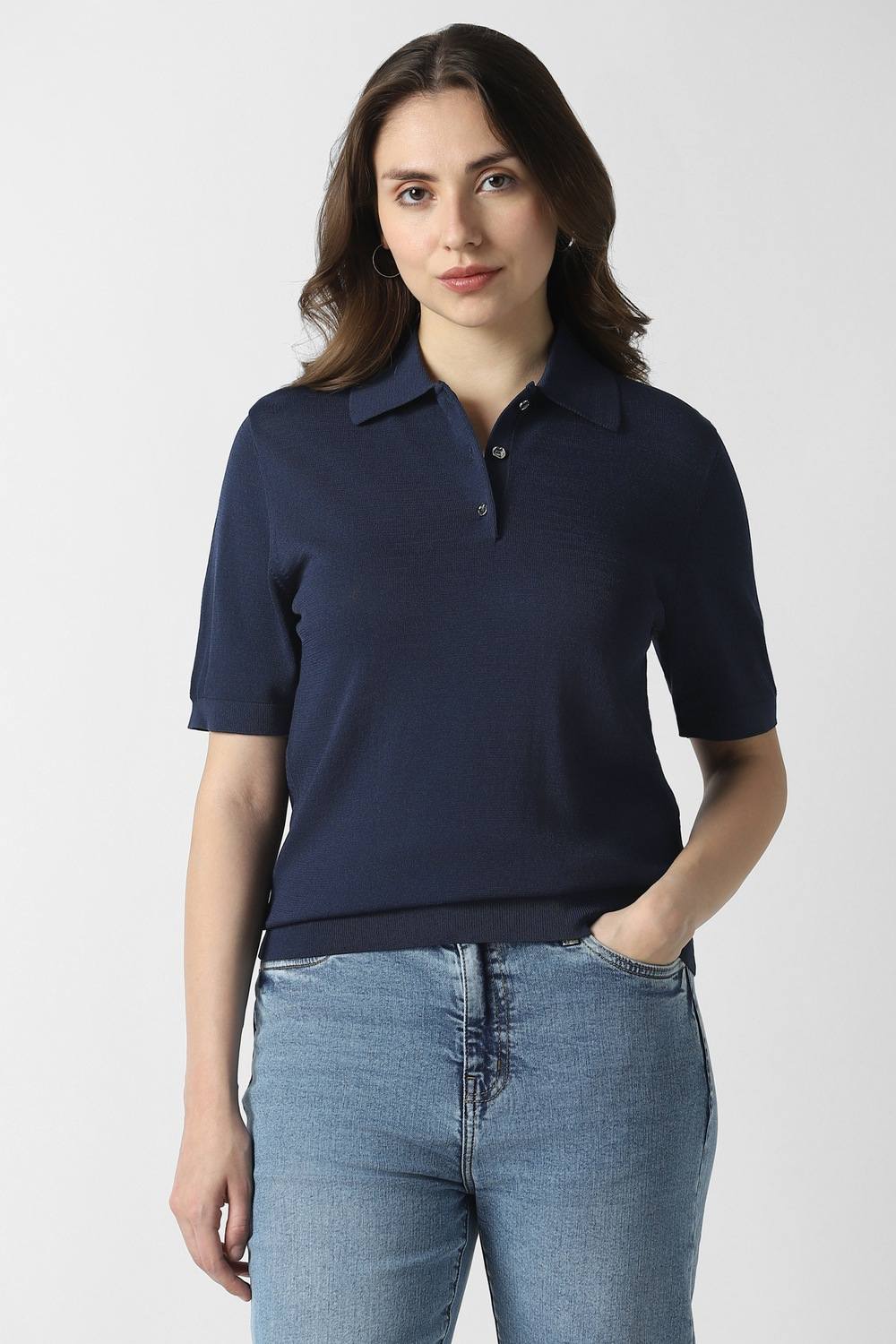 Women Navy Solid Casual Polo Neck Top