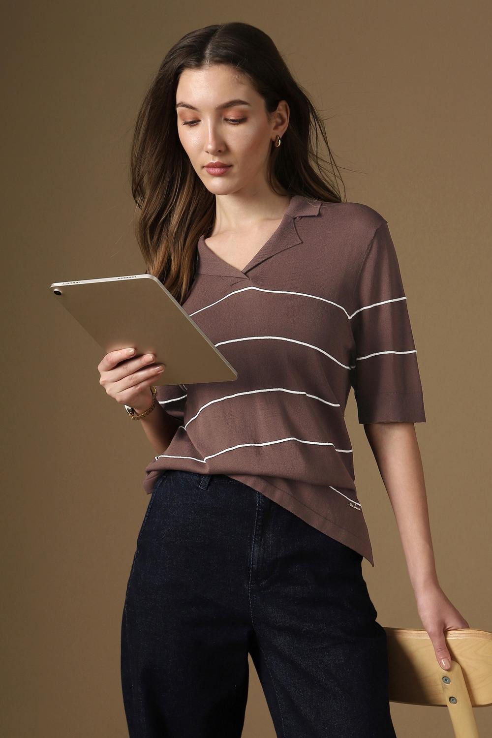 Women Brown Stripe Casual Top