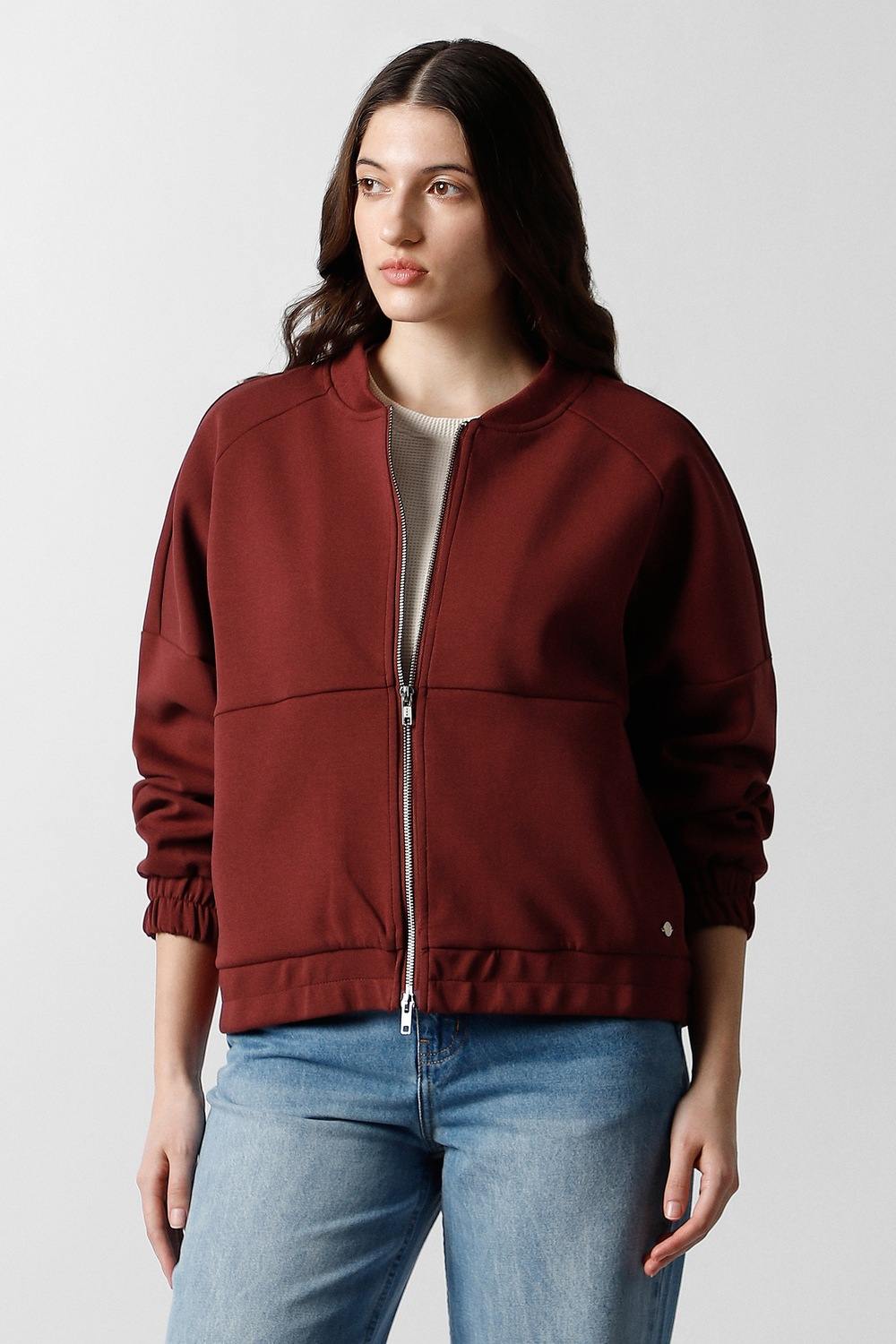 Women Maroon Solid Casual Jacket