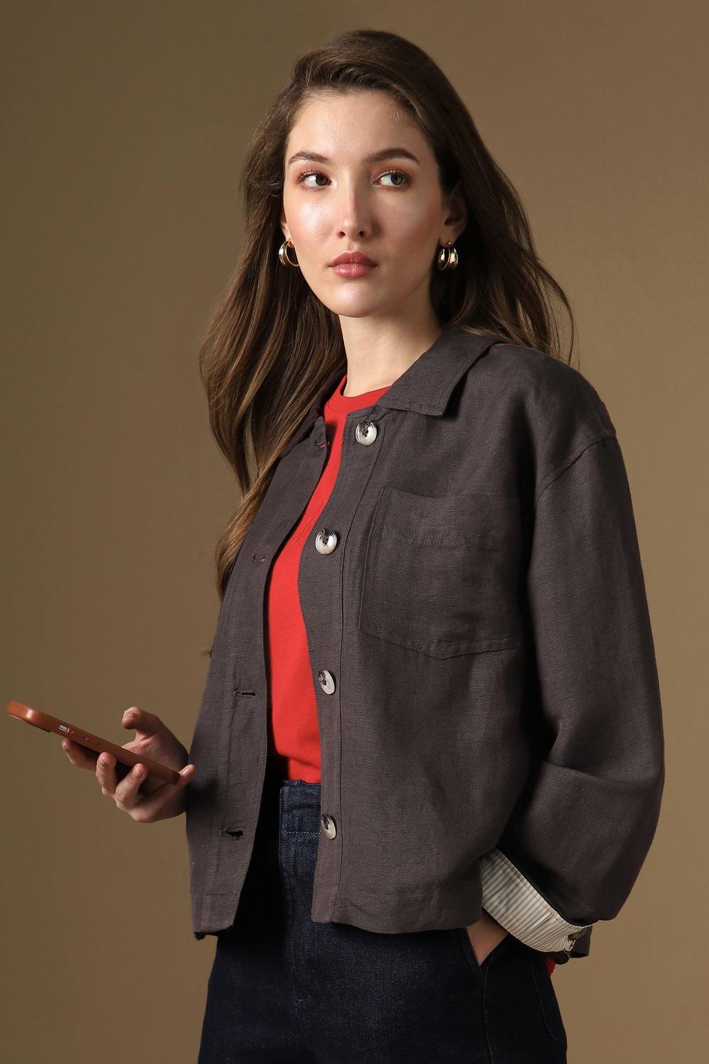 Women Brown Solid Casual Jacket