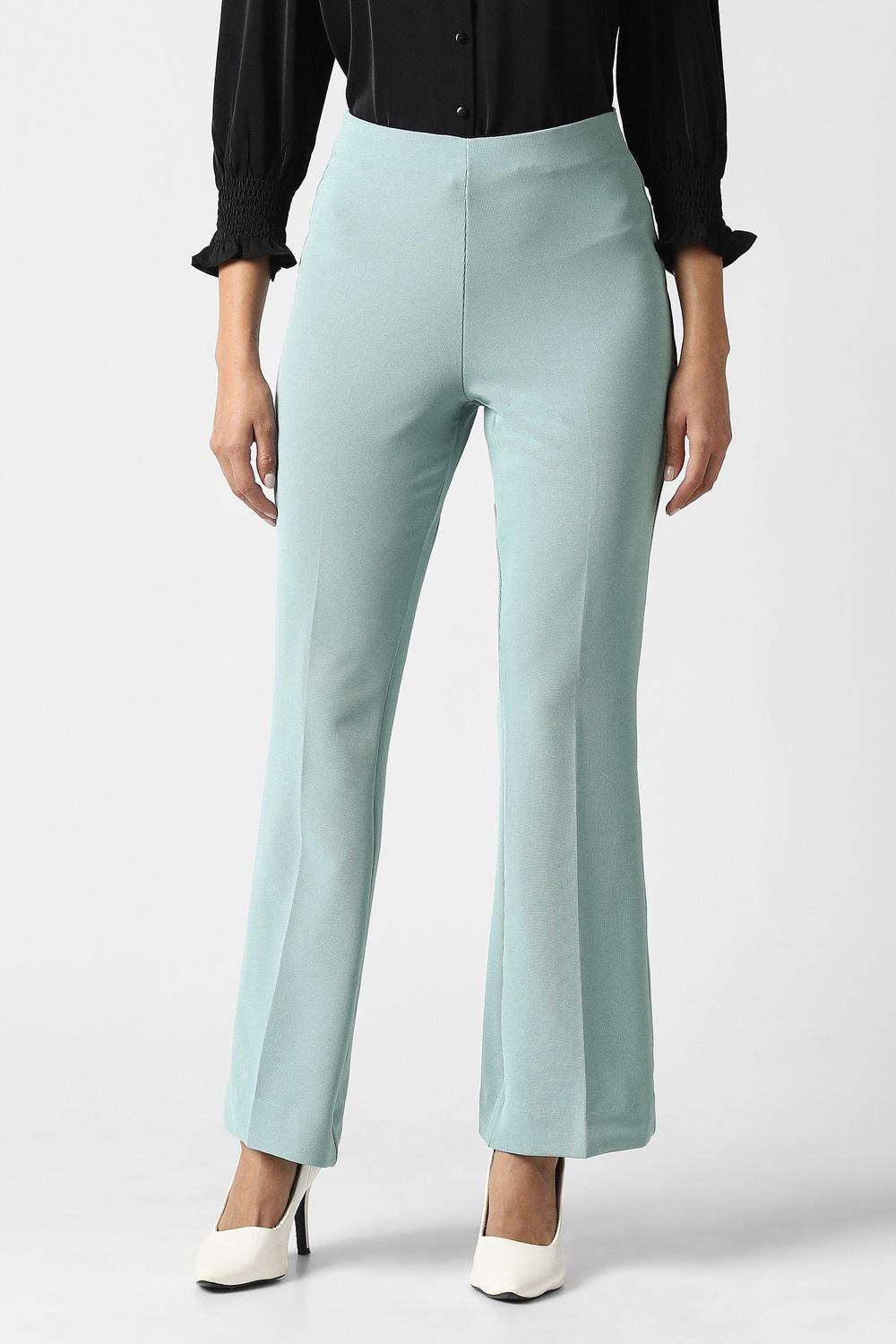 Women Light Blue Textured Formal Trousers