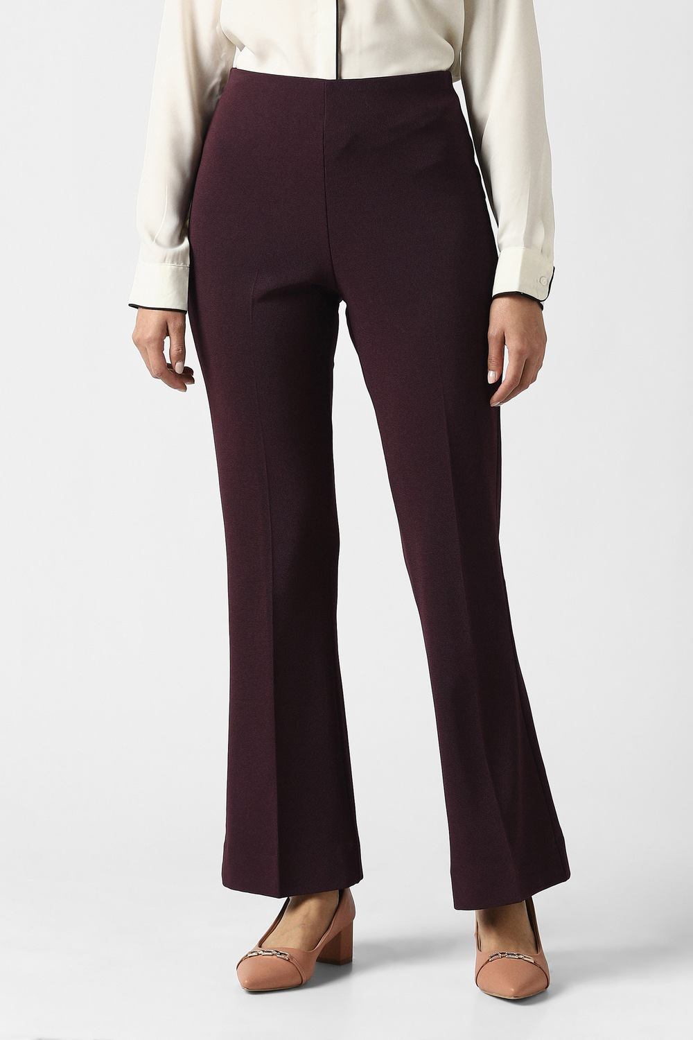 Women Maroon Textured Formal Trousers