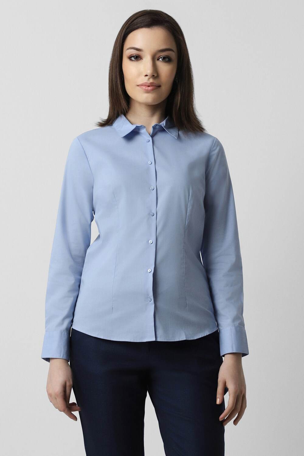 Women Blue Solid Long Sleeves Formal Shirt