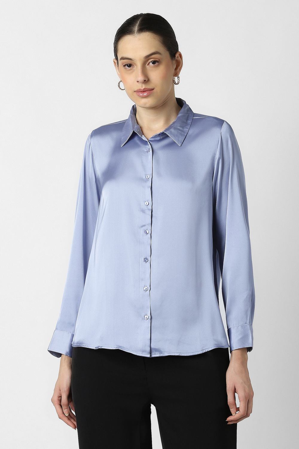 Women Light Blue Solid Long Sleeves Formal Shirt