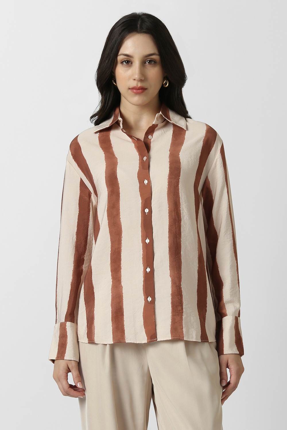 Women Beige Stripe Long Sleeves Party Shirt